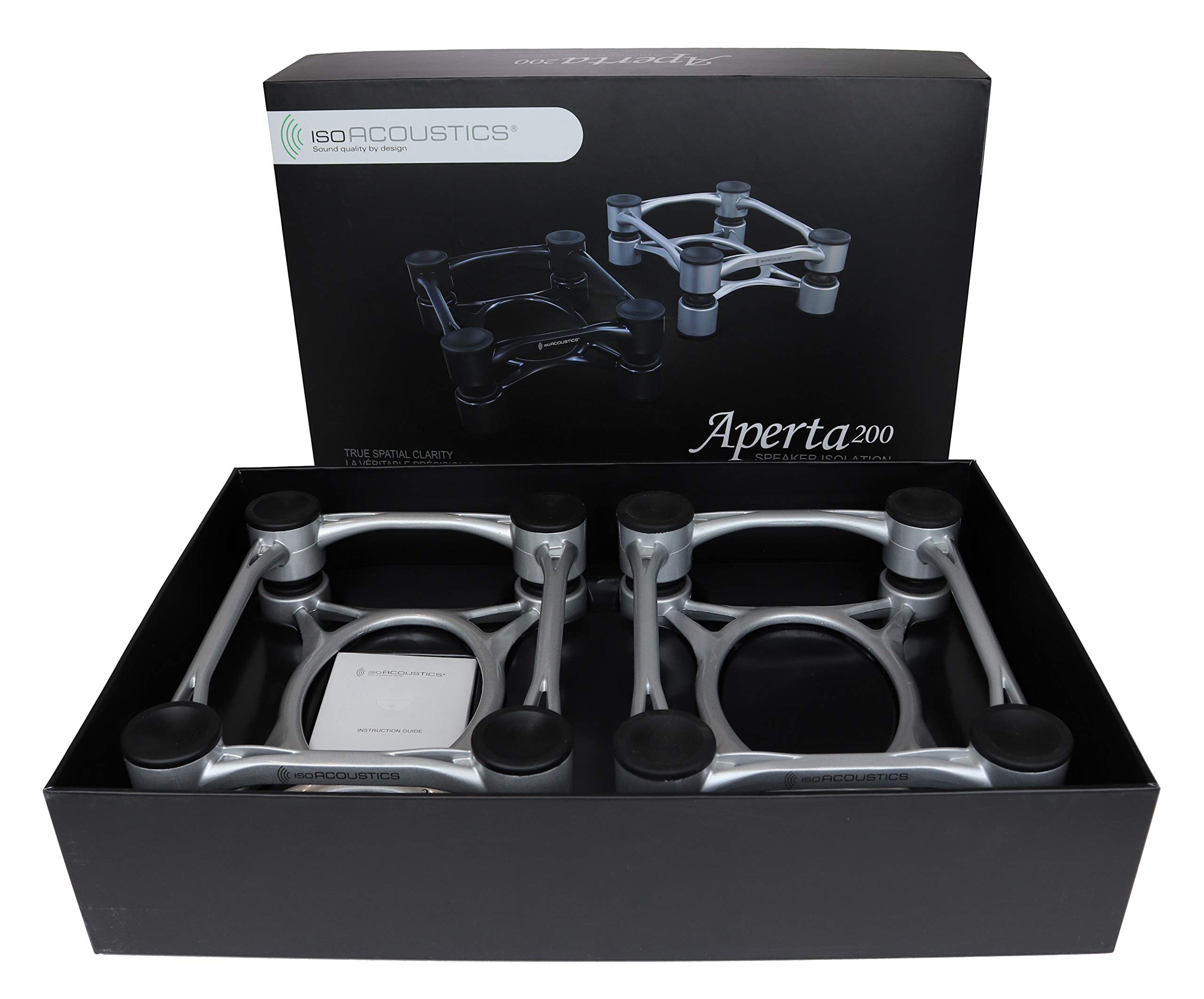 IsoAcoustics Aperta Series Isolation Speaker Stands with Tilt Adjustment: Aperta200 (7.8″ x 10″) Silver Pair