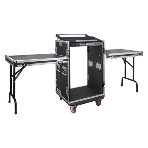 Sound Town Heavy-Duty 1/2″ (12mm) Plywood 16U PA DJ Rack/Road ATA Case with 11U Slant Mixer Top, 20″ Rackable Depth, 2 DJ Work Tables and Casters, Pro Tour Grade (STMR-16UWT2)