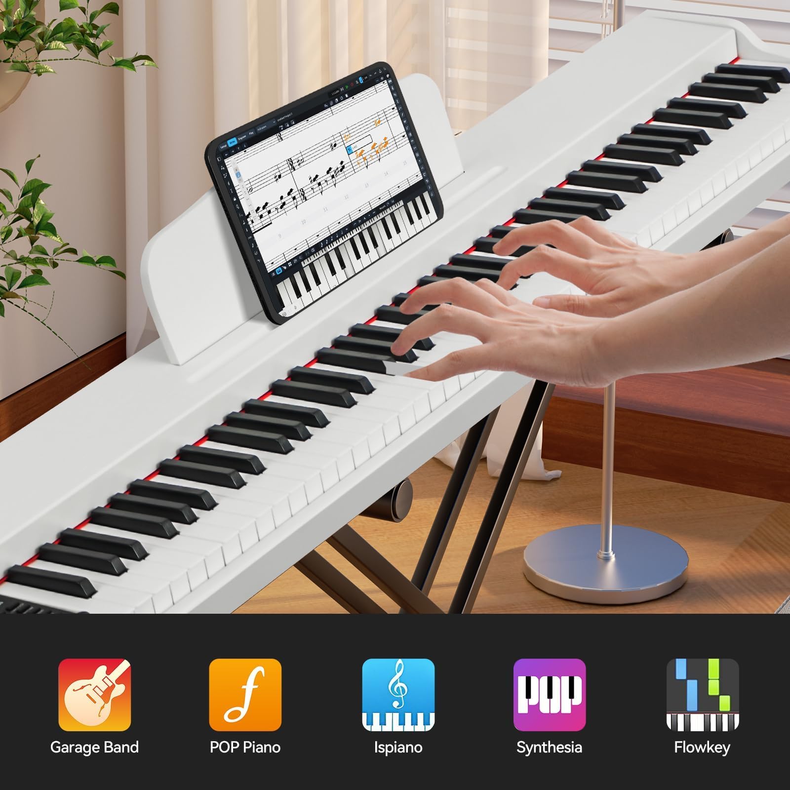 ZHRUNS Digital Piano 88 Key Weighted, Full Size Electric Keyboard Piano for Beginners, Portable Piano Keyboard with Sheet Music Stand, Sustain Pedal, Power Adapter, White (Keyboard Only)