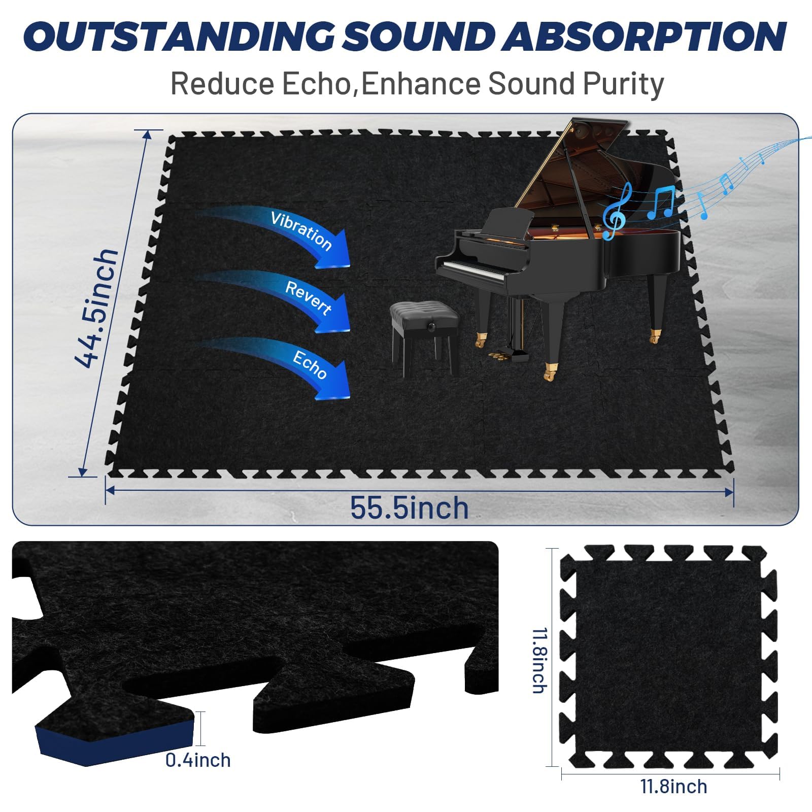 Focusound 20Pcs Sound Absorbing Interlocking Drum Rug, 11.8 x 11.8 x 0.4 inches High Density Soundproof Floor Mats, Non-Slip Anti Vibration Piano Carpet Drum Mat for Music Studio, Black