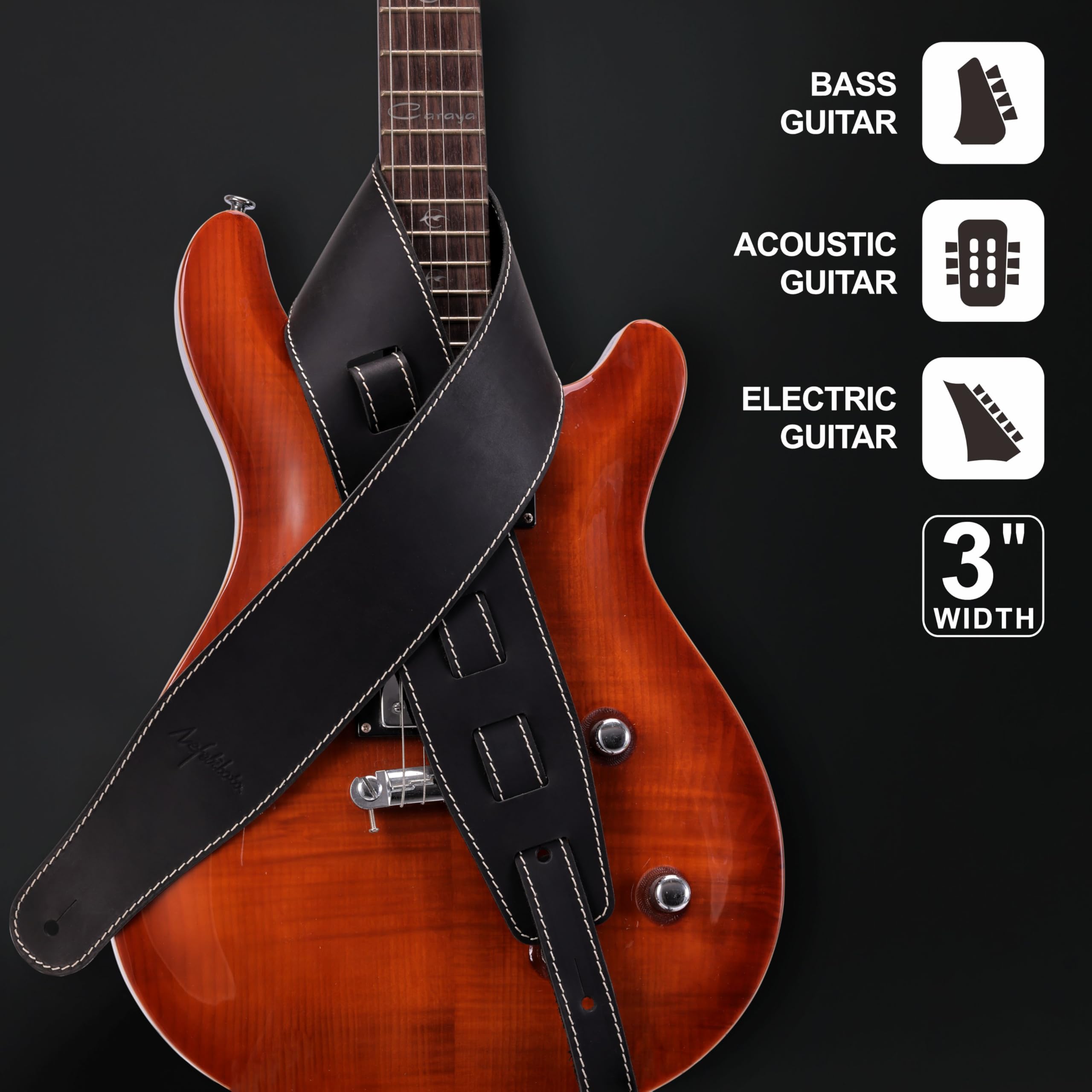 Nefelibata Guitar Strap, 3-inch Wide Full Grain Leather, Extra Wide Lightweight and Soft for Men and Women for Acoustic, Bass and Electric Guitar