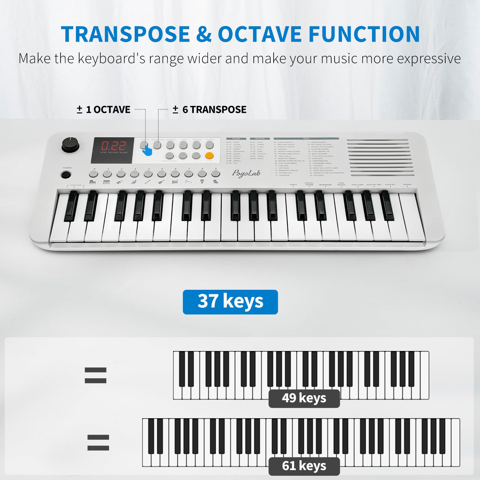 POGOLAB MK1 37 Keys Kids Keyboard Piano, Mini Portable Multi-Function Piano with Excellent Sound Quality, Built-In Speaker & LED Display, Small Electric Music Keyboard Gift for Beginners (White)