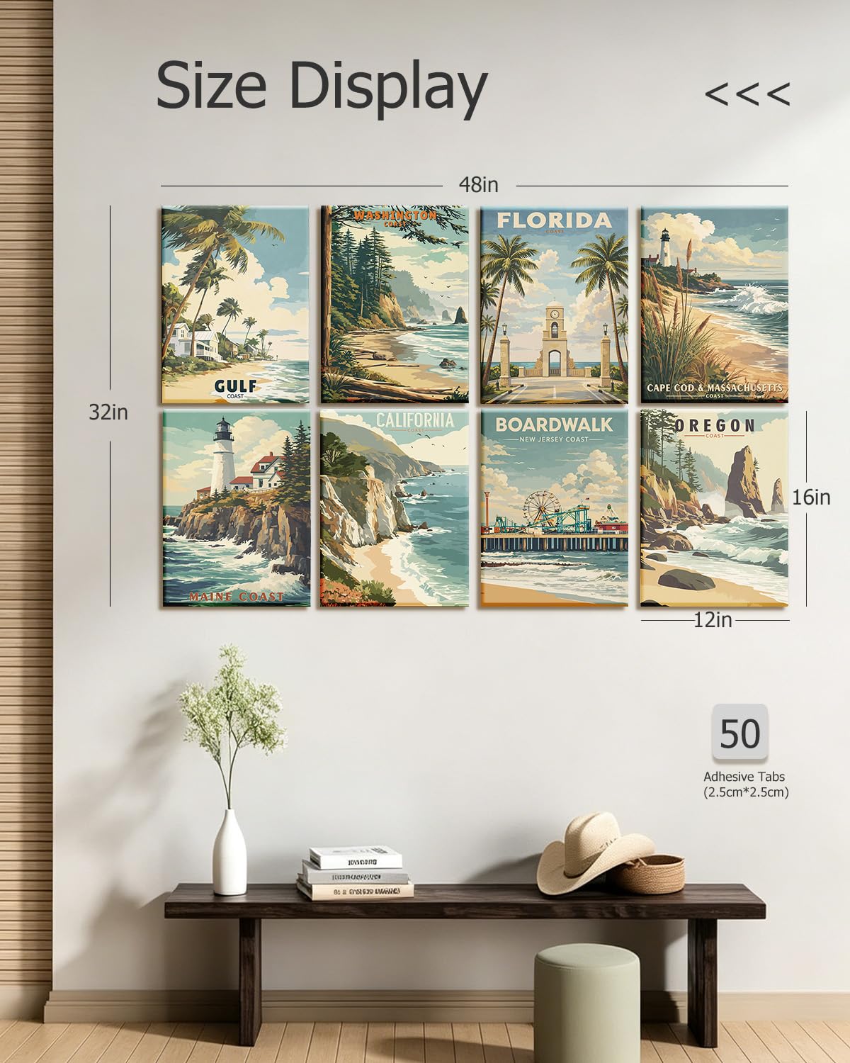 InSimSea Acoustic Art Wall Panels for Living Room, Laundry, Podcast, Game Room, 48x32in, Vintage US Coast Travel Sound Absorbing Wall Art, Cottage Poster Style, Soundproof, Noise Reduction, 8pcs