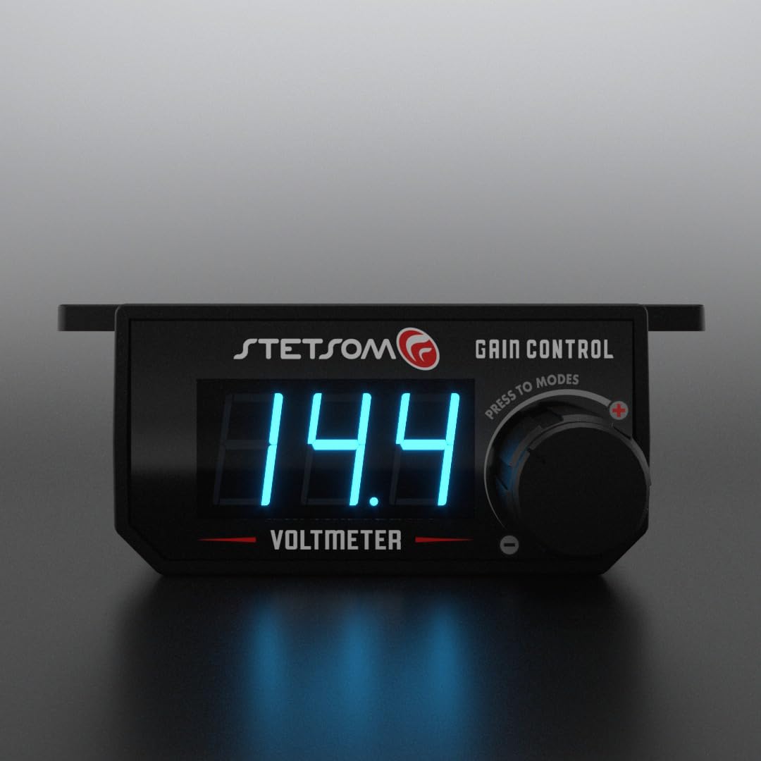 Stetsom 4in1 – Universal Bass Knob with Voltmeter, Gain Control + On/Off Switch + High to RCA Input Converter, Blue LED Display, One Touch On/Off Display, Continuous Touch On/Off Amplifier