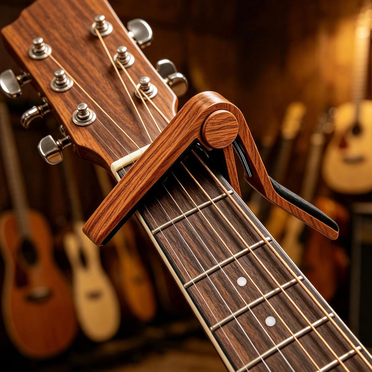 Guitar Capo for Acoustic Electric Guitars, 2PC Capo Guitar Clamp Kapo with 5 Picks, Unique Design for Bass Guitar Ukulele, Wood & Black