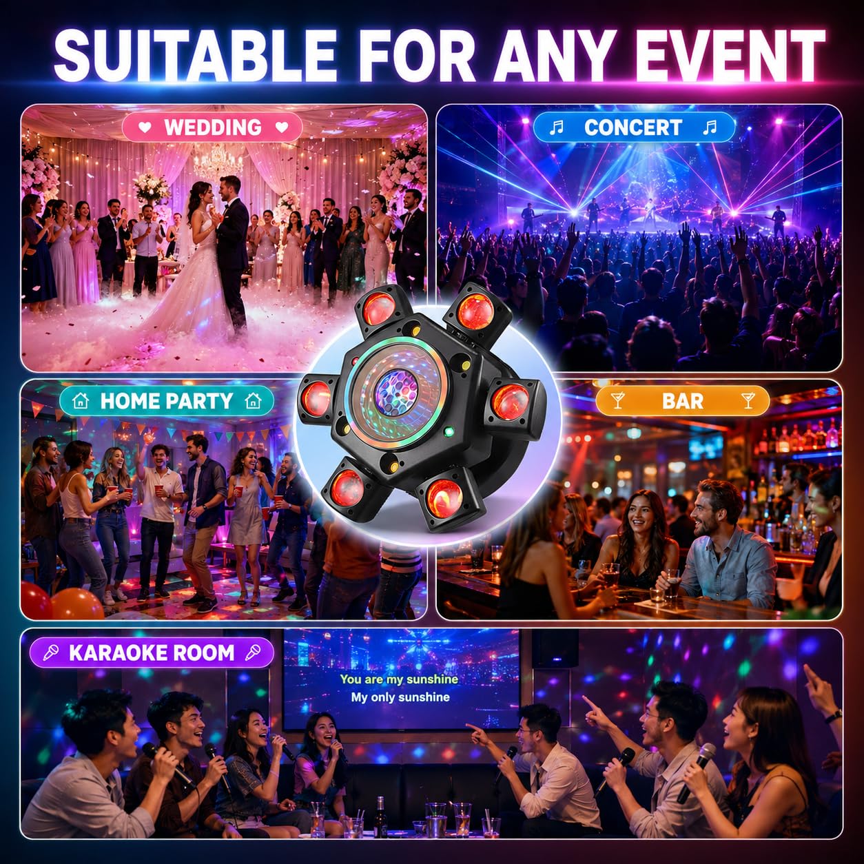 Moving Head DJ Lights for Parties, Disco Lights with Remote Control, RGBW LED DJ Stage Lighting Sound Activated DMX 512 Control for Disco Club Wedding Party, Bar, Graduation Party