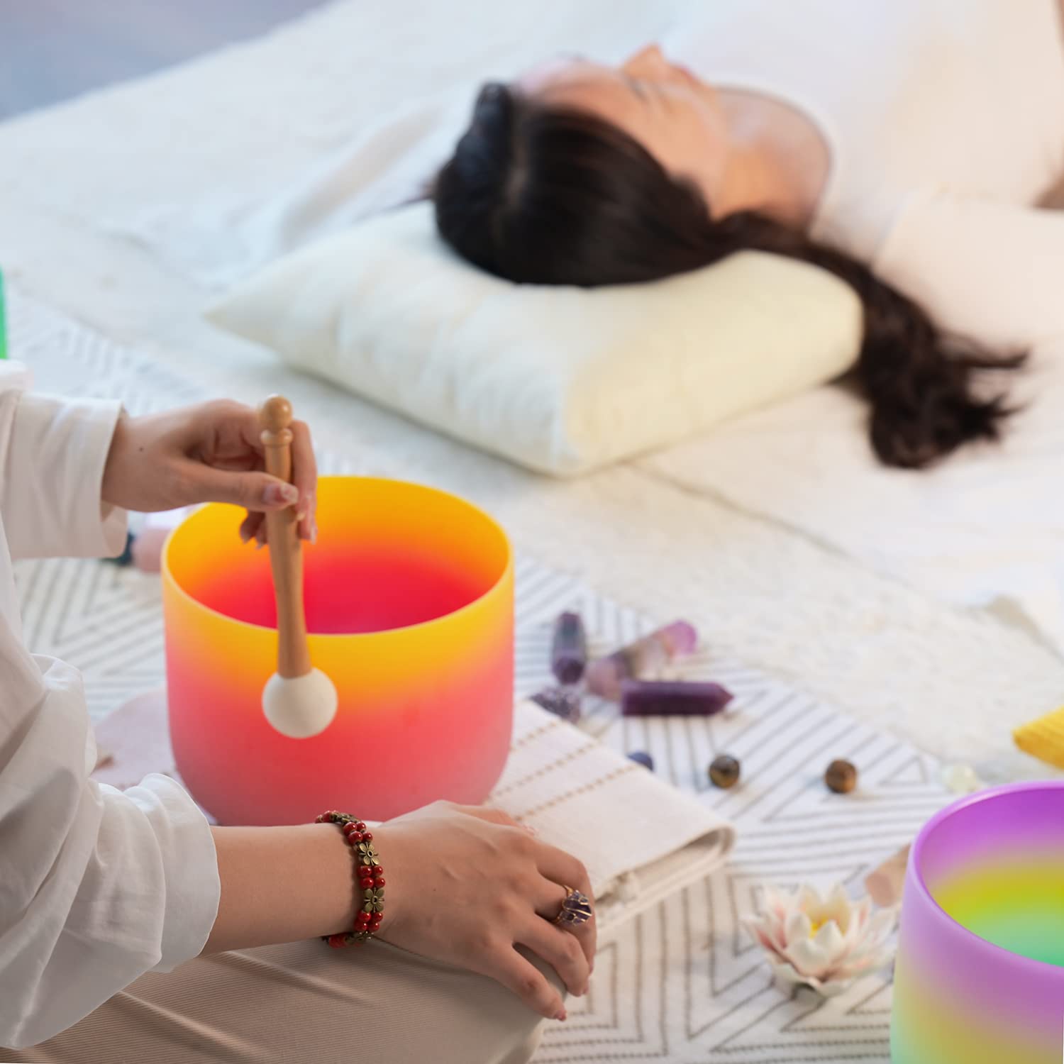 CVNC 8 Inch Rainbow Color Frosted Quartz Crystal Singing Bowl 440HZ E Note