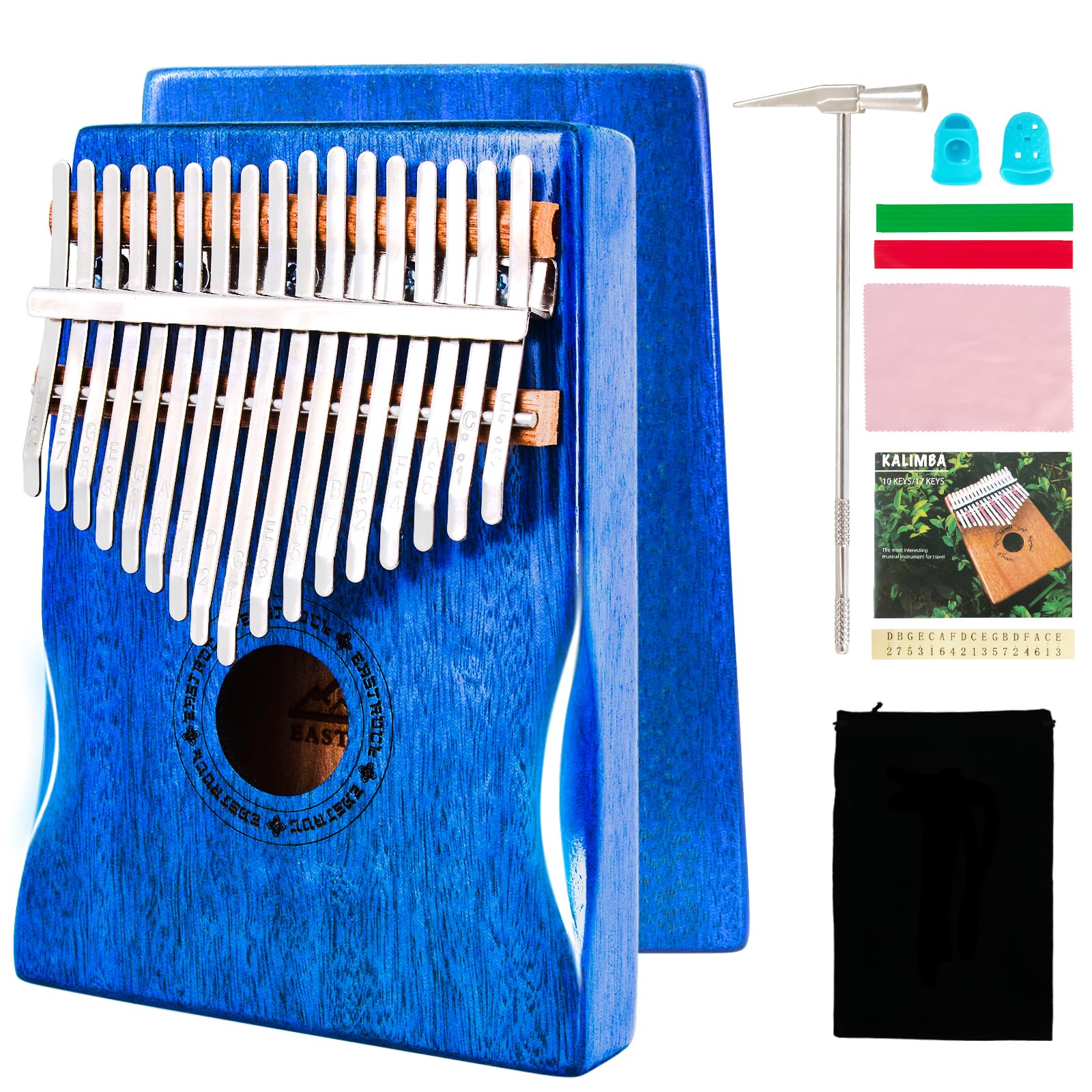 EASTROCK Kalimba Thumb Piano 17 Keys Mbira Blue Mahogany Hand Rest