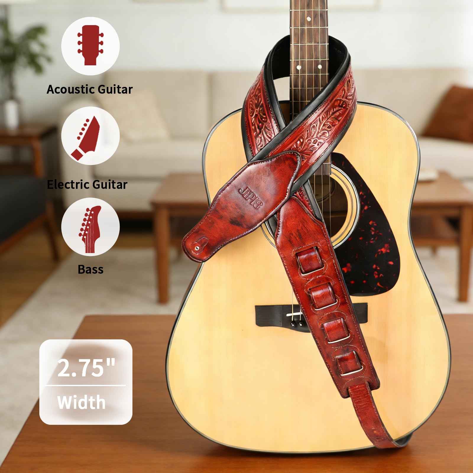 JIPIS Leather Guitar Strap,Vintage Bourbon Brown,2.75″ Handmade Padded Strap Classic Pattern for Bass,Electric&Acoustic Guitars (Medium Bourbon Brown)