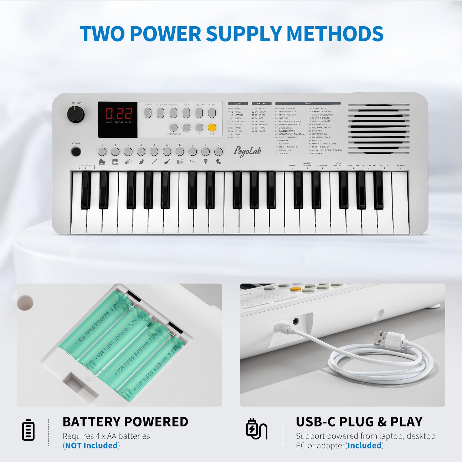 POGOLAB MK1 37 Keys Kids Keyboard Piano, Mini Portable Multi-Function Piano with Excellent Sound Quality, Built-In Speaker & LED Display, Small Electric Music Keyboard Gift for Beginners (White)
