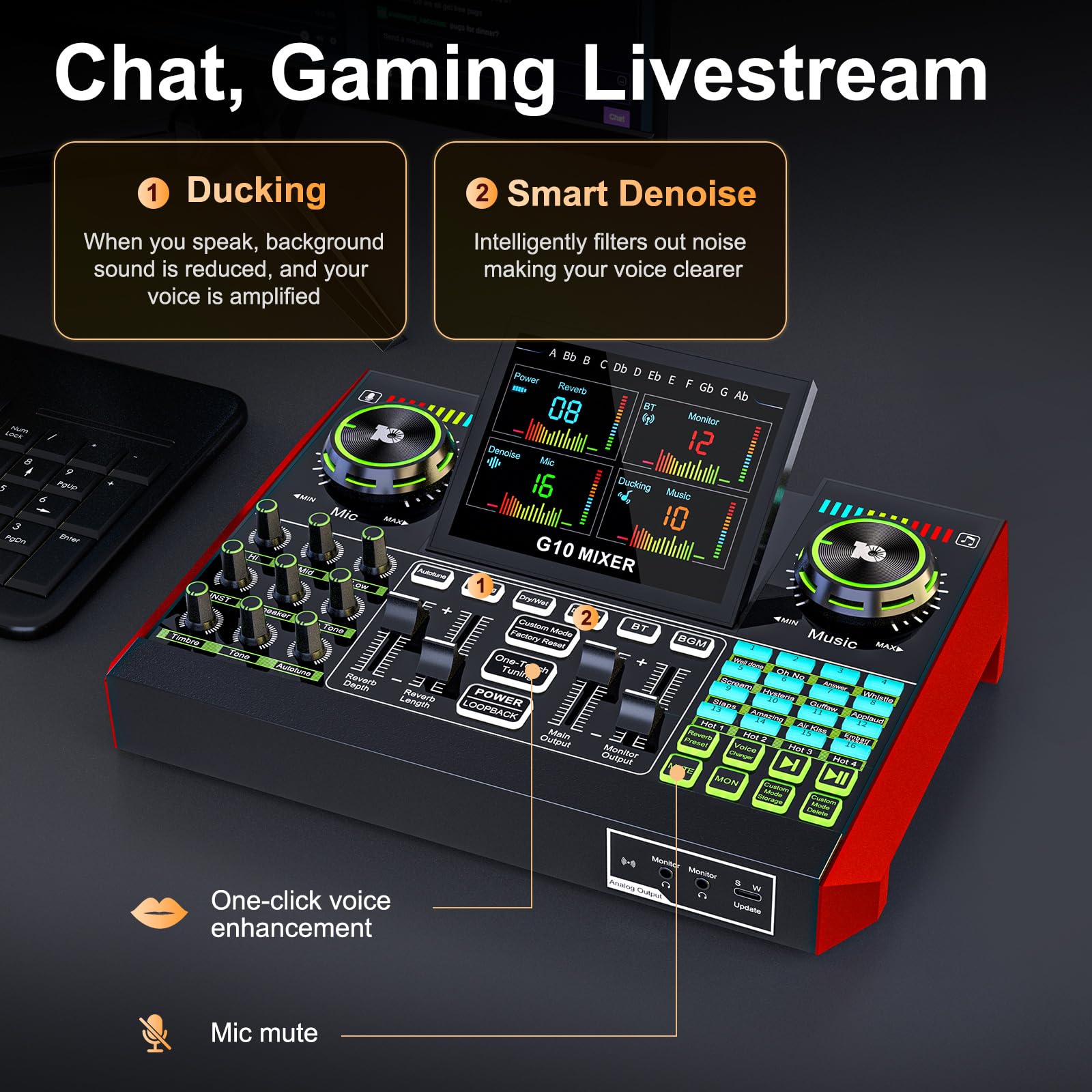 tenlamp G10 Gaming Audio Mixer, Audio Interface with 3.5mm/XLR Microphone Input, Voice Changer Live Sound Card for Streaming, Podcasting, Recording, and Singing Content Creation