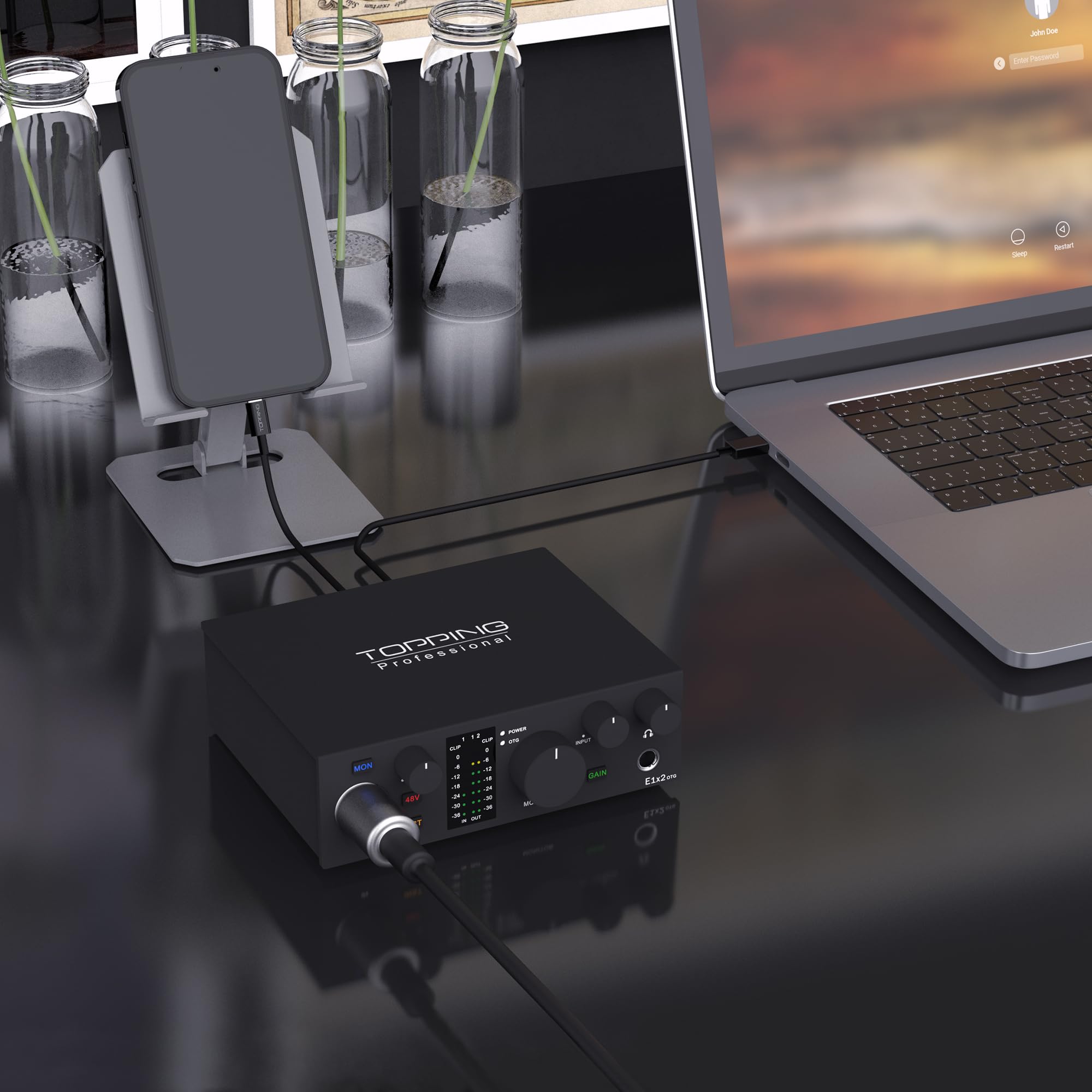 TOPPING E1X2 OTG USB Audio Interface | XLR Mic Preamp, 48V Phantom Power, 24bit/192kHz, 8 DAW/6 Loopback Channels, PC & Mobile Recording, Dual Livestream, Zero-Latency Mixer, High-Res Playback(Black)