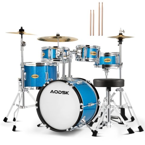 AODSK 5-Piece 14 Inch Beginner Drum Set with Throne, Cymbal Hi-Hat+Sticks