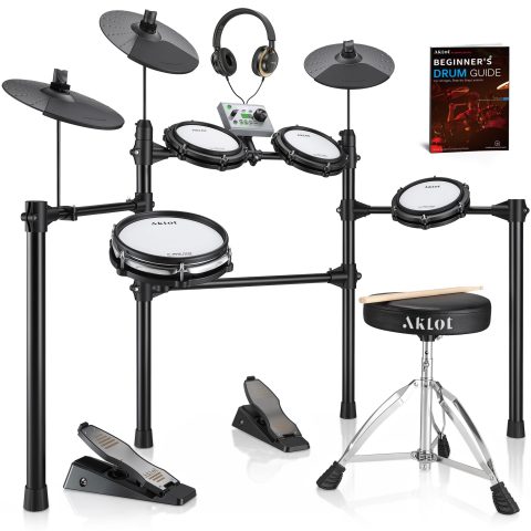 AKLOT Complete Electric Drum Set: 4 Dual-Zone Mesh Pads, Quiet Electronic Drum Set for Beginner with 8” Snare, 360 Sounds, Choke Cymbals, Throne, Headphone, Stick and Lesson Book, B-CORE530Pro, Black