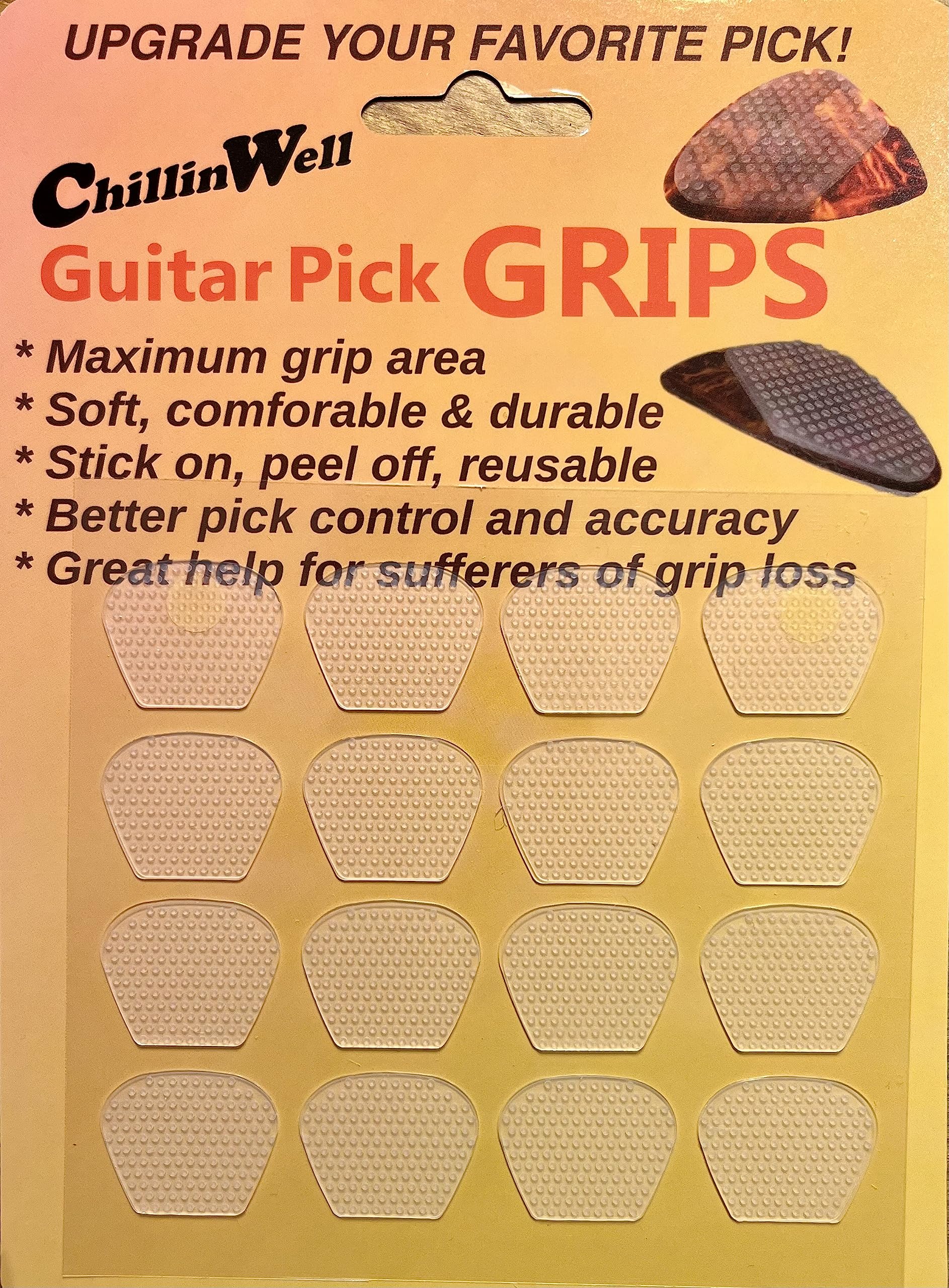 ChillinWell Guitar Pick Grips 16 pc Grippy not Sticky Durable Reusable Soft Stick-On Trimmable Silicone Rubber