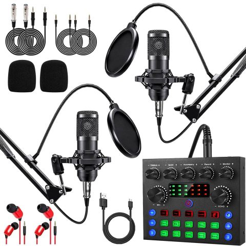 ALPOWL Podcast Equipment Bundle for 2, Audio Interface with Cardioid Designer BM800 Mic for Gamer and All-in-One DJ Mixer, Perfect for Live Streaming, Singing, YouTube, Gaming