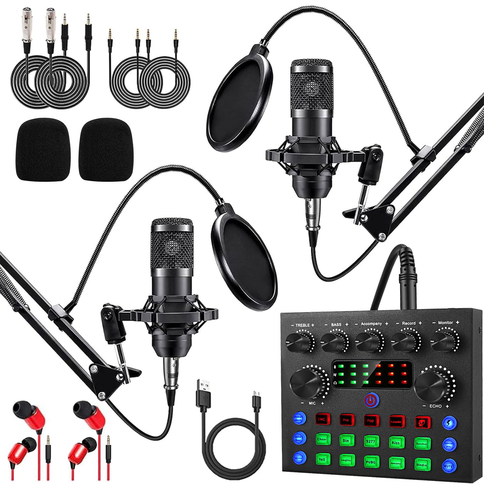ALPOWL Podcast Equipment Bundle for 2, Audio Interface with Cardioid Designer BM800 Mic for Gamer and All-in-One DJ Mixer, Perfect for Live Streaming, Singing, YouTube, Gaming