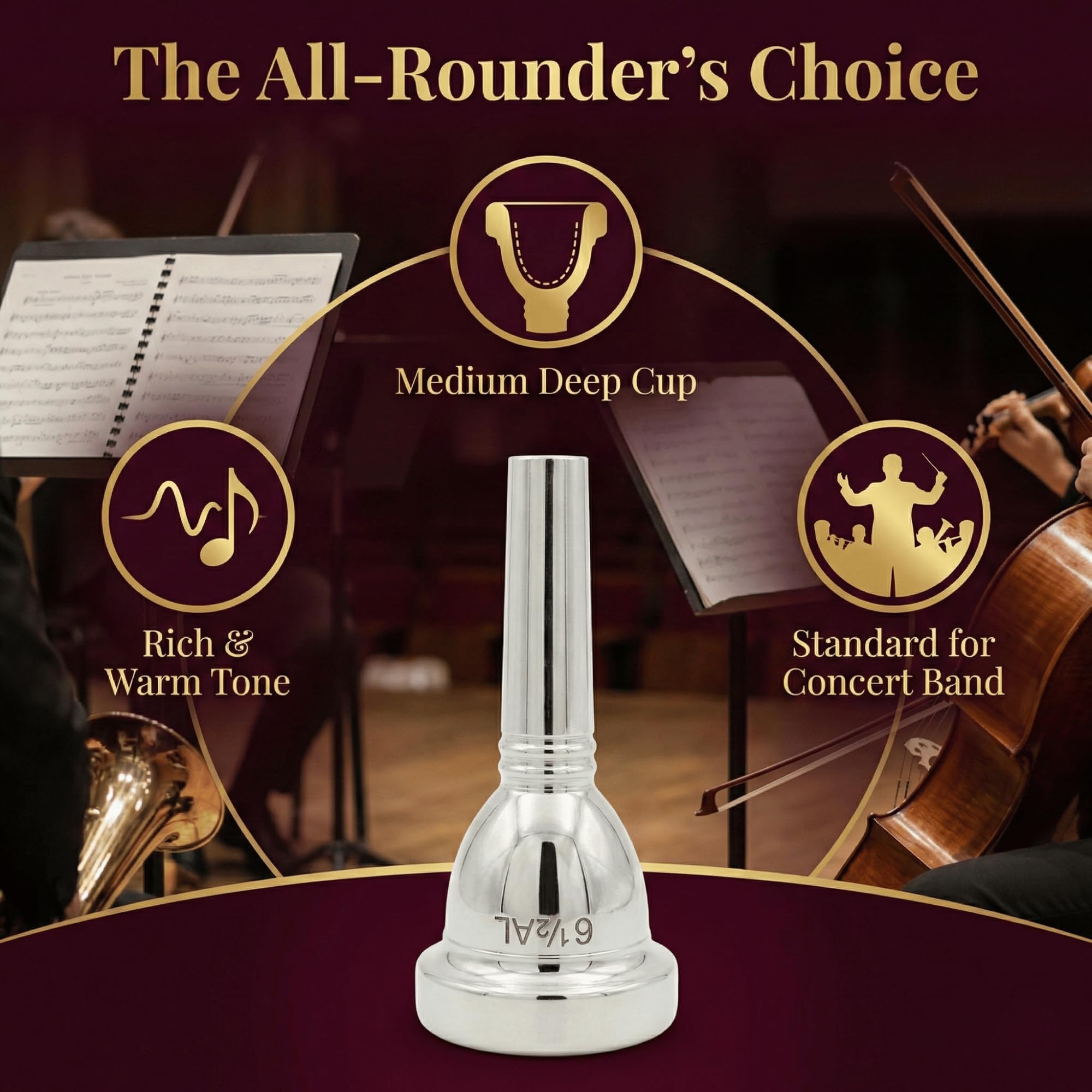 MoResolune 6 1/2 AL Trombone Mouthpiece, Silver Plated Small Shank