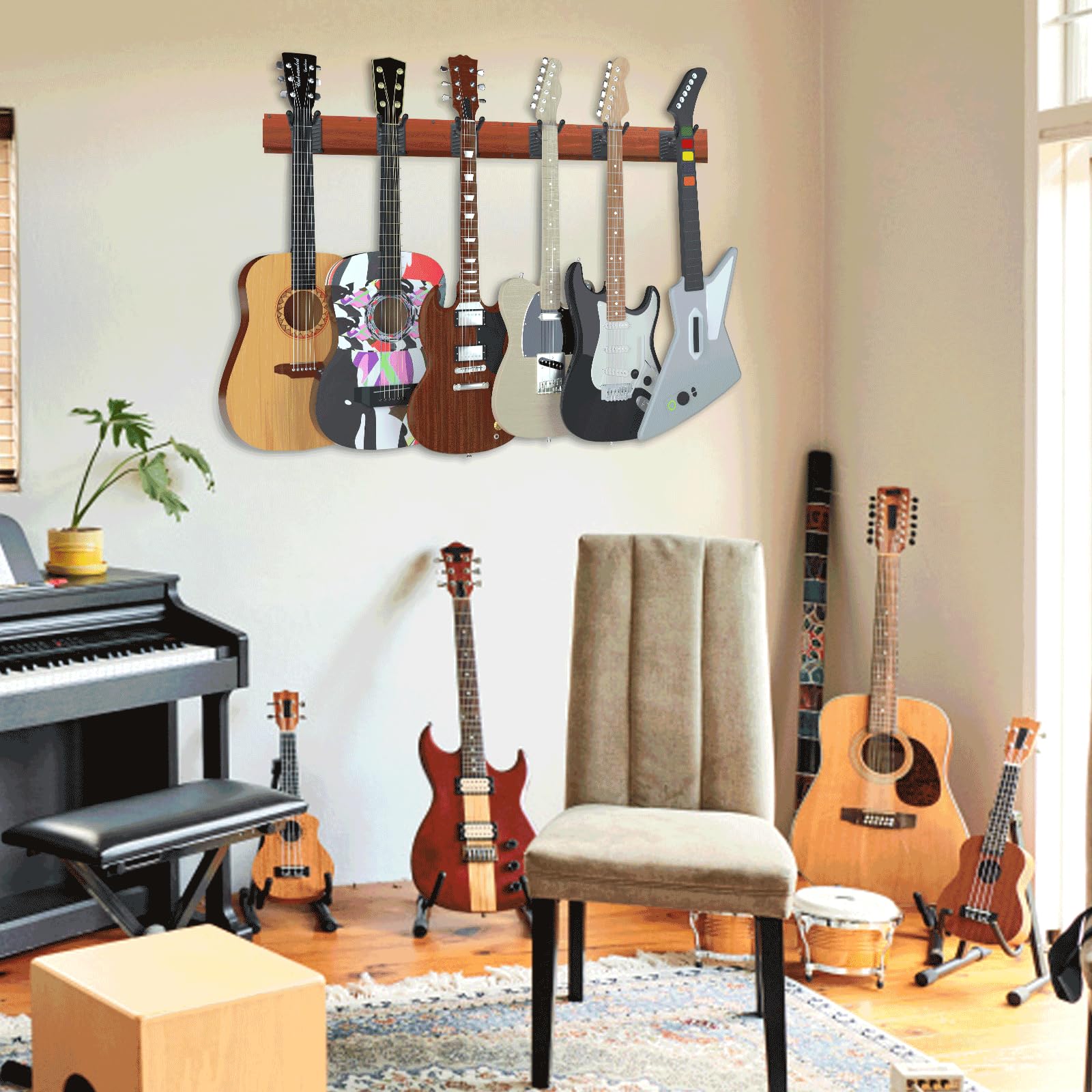 hjooytoi Guitar Wall Mount, Woodgrain Rack With 6 Adjustable Guitar Hangers, Guitar Wall Hanger With Pre-Drilled Holes, 48″ Alloy Steel Multiple Guitar Holder Stand,Brown