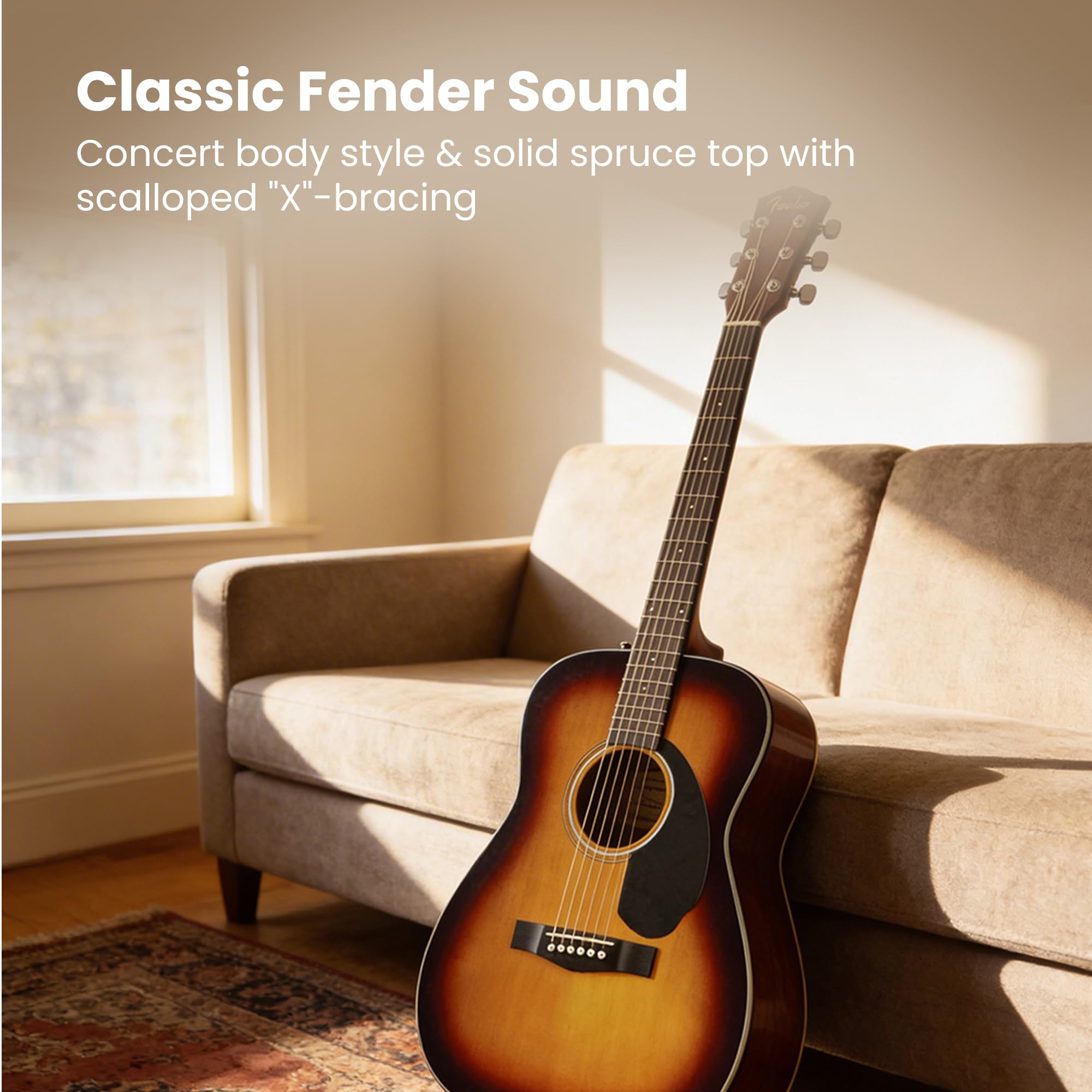 Fender CC-60S Solid Top Concert Acoustic Guitar – Sunburst Bundle with Gig Bag, Tuner, Strap, Strings, Picks, and Austin Bazaar Instructional DVD