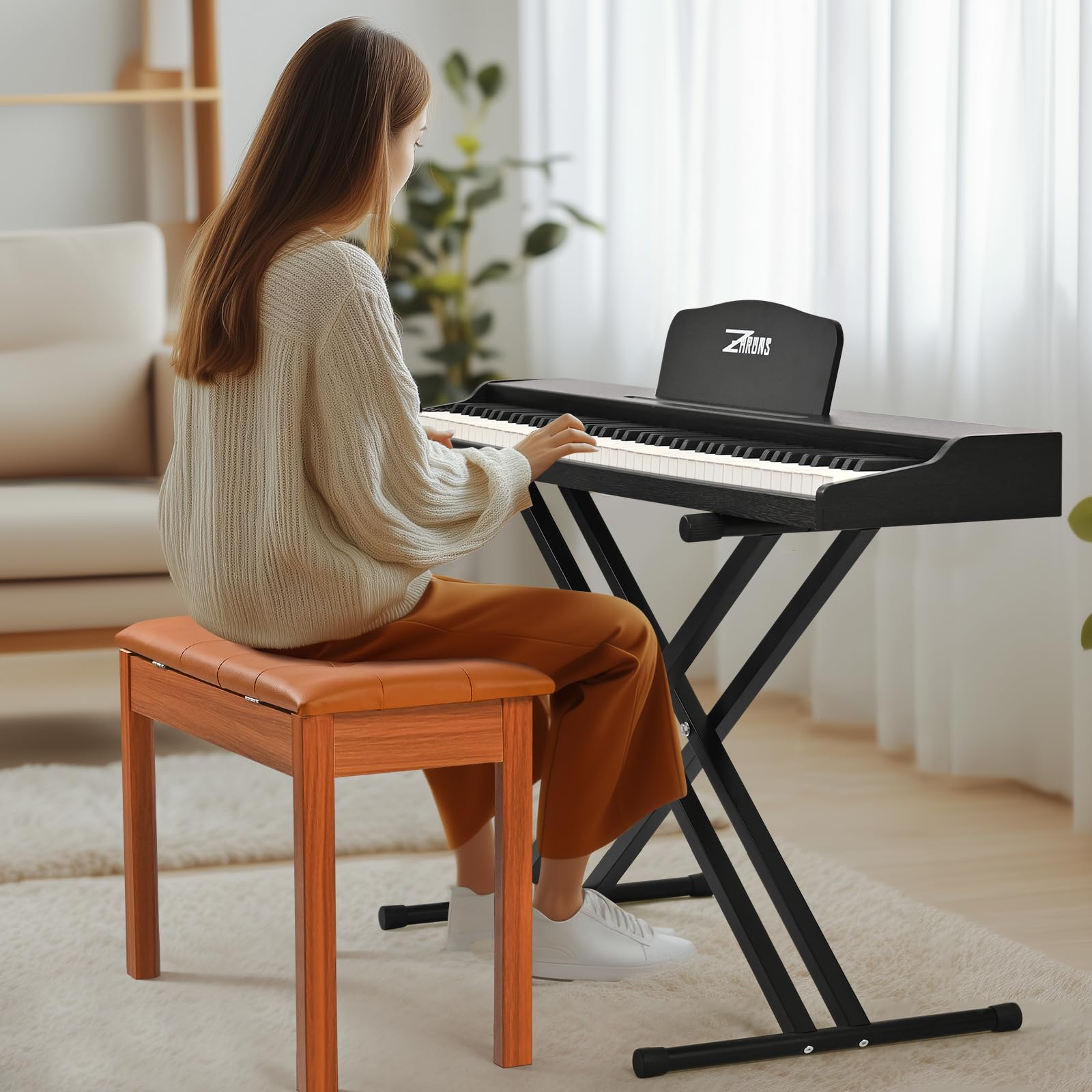 ZHRUNS Duet Piano Bench Wooden Keyboard Bench with Storage Compartment, 29”Piano Chair Seat with Padded Cushion, Long Piano Stool Brown