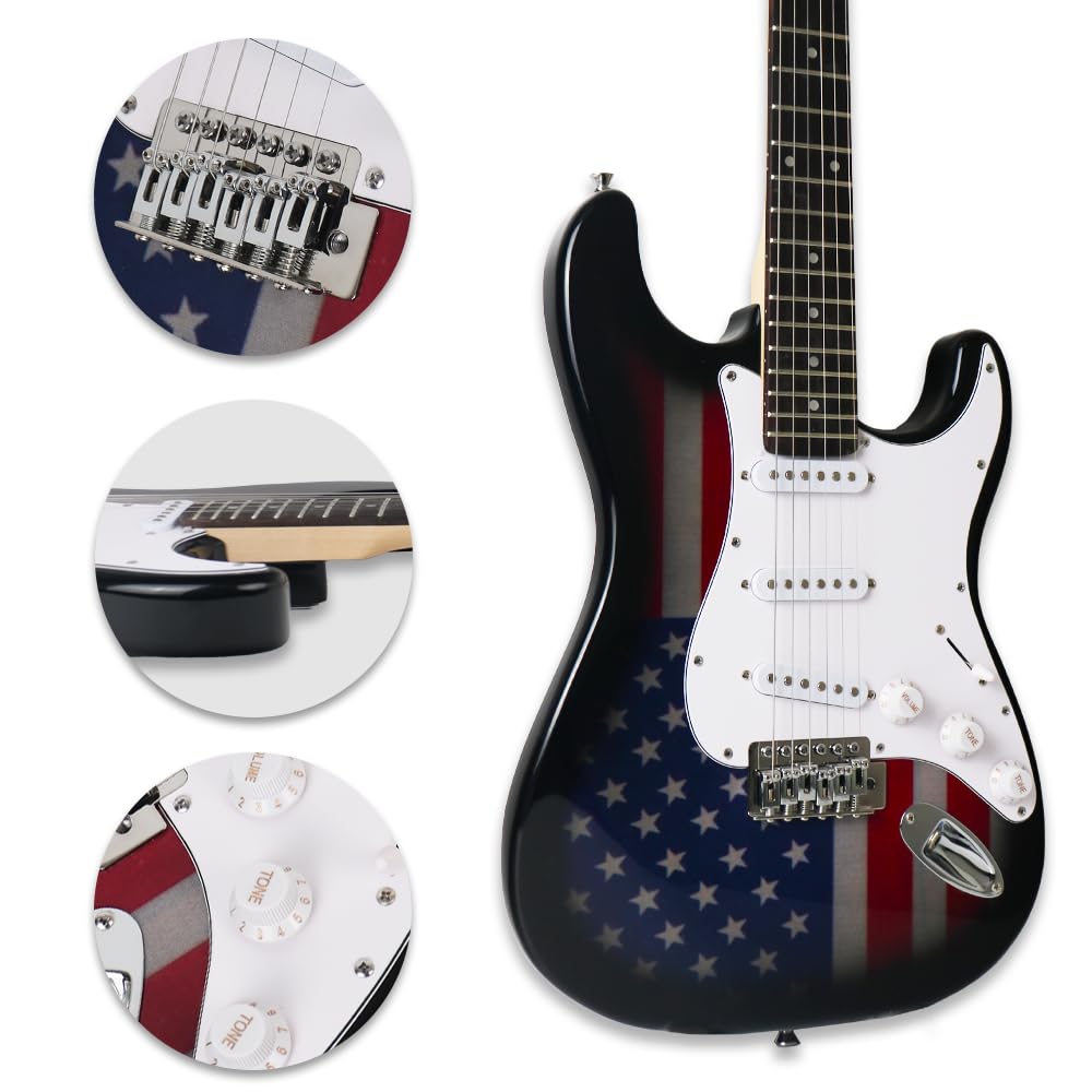 Demusea Flag Veneer Top Electric Guitar With 20W Amplifier Kit Solid Wood Build Capo Strap Bag String Picks Included Practice Bundel (ST, Flag)
