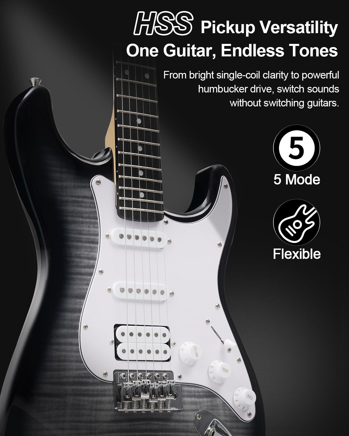 Umelody UST-200 Beginner Electric Guitar Kit HSS Pickup, Versatile 5-Way Switch for Clean to High-Gain Tone, Full-Size ST Style Guitar for Starter & Intermediate Players, Gig Bag (Midnight Black)