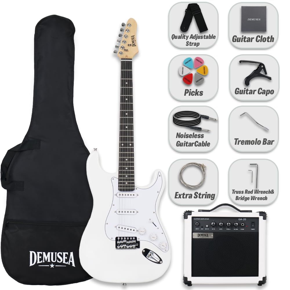 Demusea Pure White Electric Guitar Kit With 20W Amplifier SSS Pickup Single Tremolo Maple Neck Practice For Beginner (ST, White)