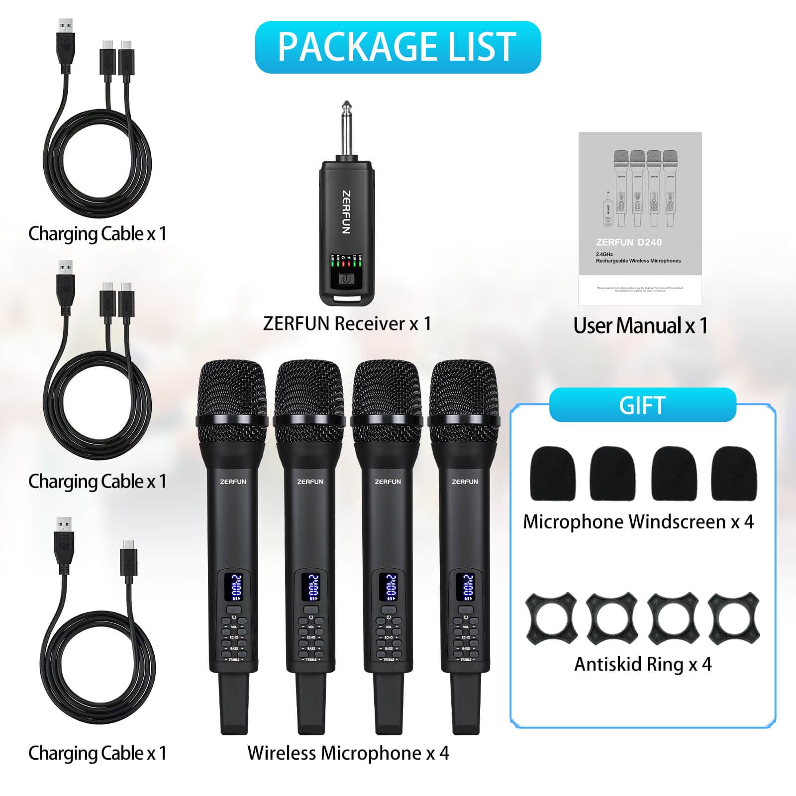 ZERFUN Rechargeable Wireless Microphones 4 Pack, D240, Black