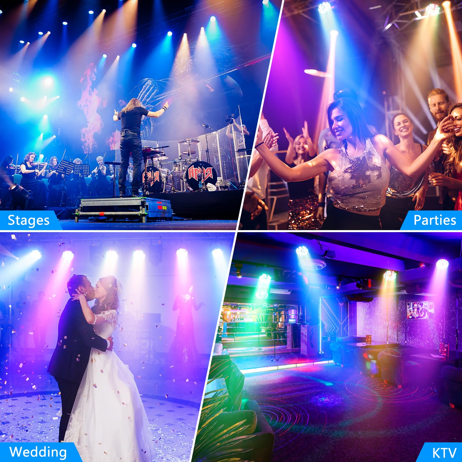 DazzlingStage 36W LED Stage Lights, 9 * 4W RGBW 4 in 1 Par Light, 5/8 CH Corded Stage Lighting, Uplights with DMX512, LED Par Lights for Wedding, Birthday, Party, 4 Pack