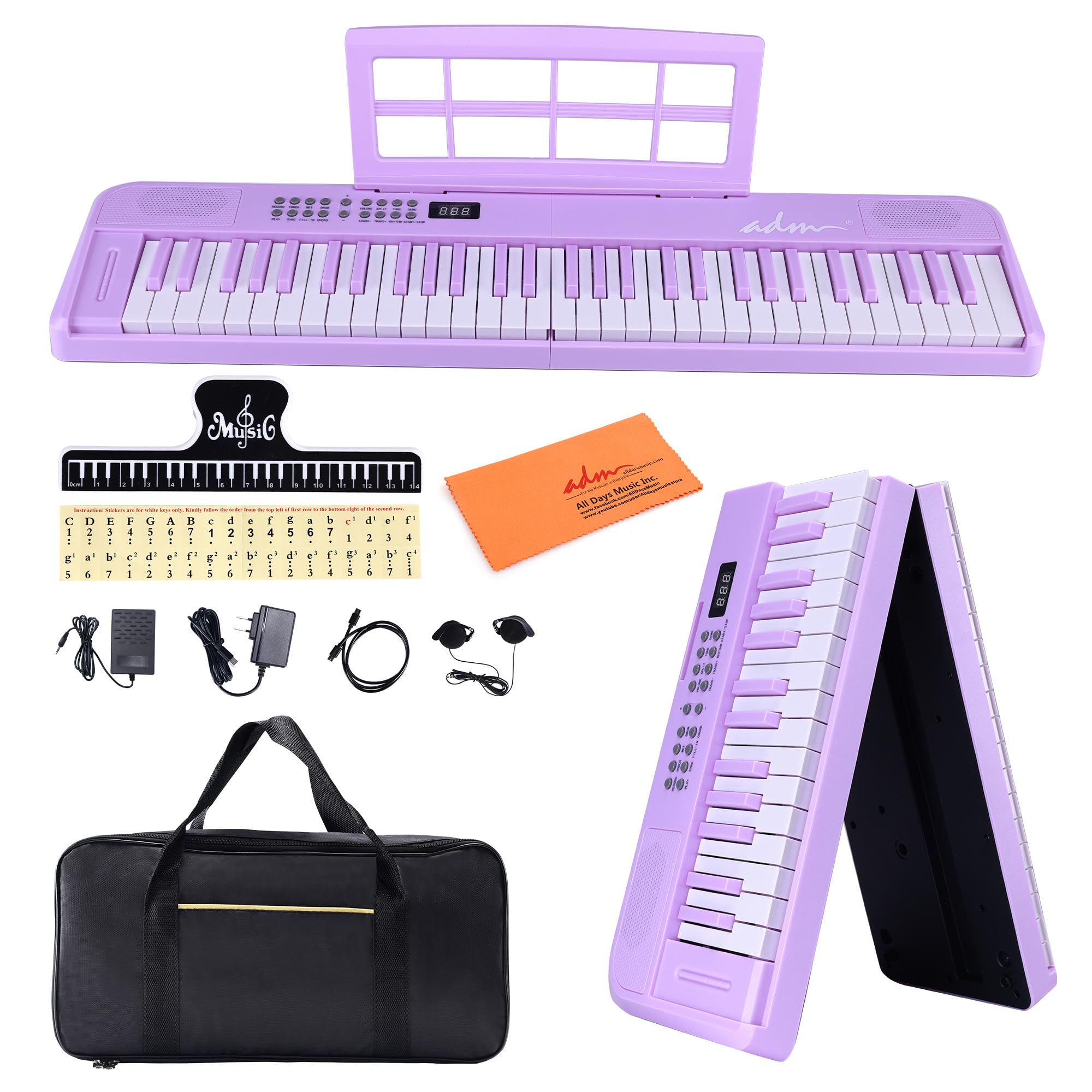 ADM 61 Key Folding Electric Piano Keyboard, Foldable Electronic Keyboard, Wireless 128 Tones, 128 Rhythms Includes Pedal, Gig Bag, Headphones for Beginners, Students, Teenagers, Adults, Purple
