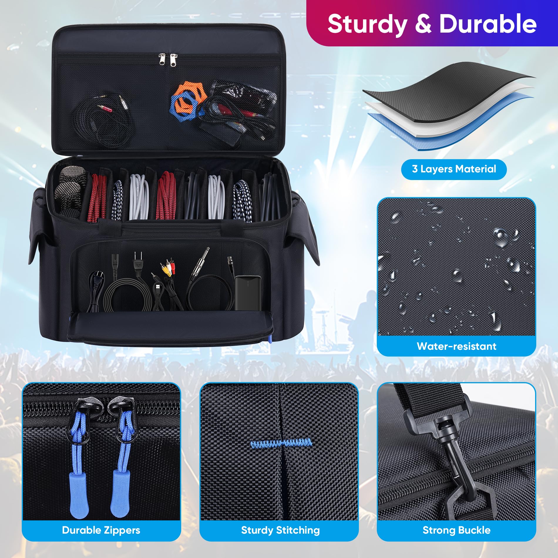 Large DJ Cable File Bag with Multi-Compartment & Pocket for Music Equipment