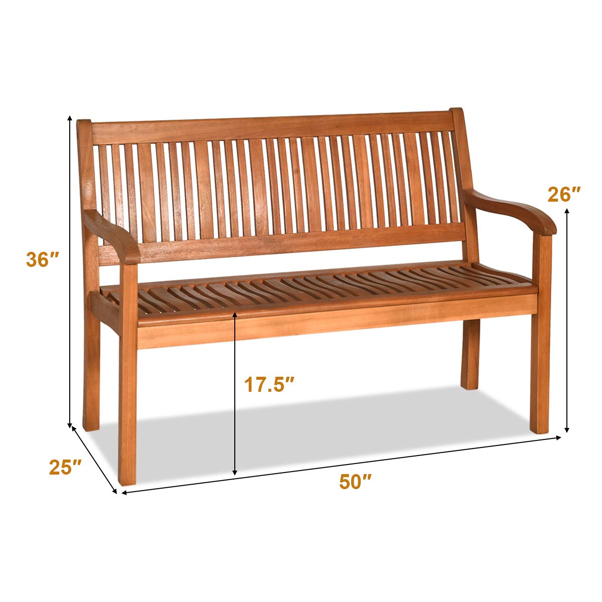 Tangkula Outdoor Wood Garden Bench, 50″ W Solid Wood Patio Park Bench with Dense Slatted Backrest & Seat, Curved Armrest, Large Wooden Loveseat Bench for Deck, Porch, Poolside, Yard & Balcony