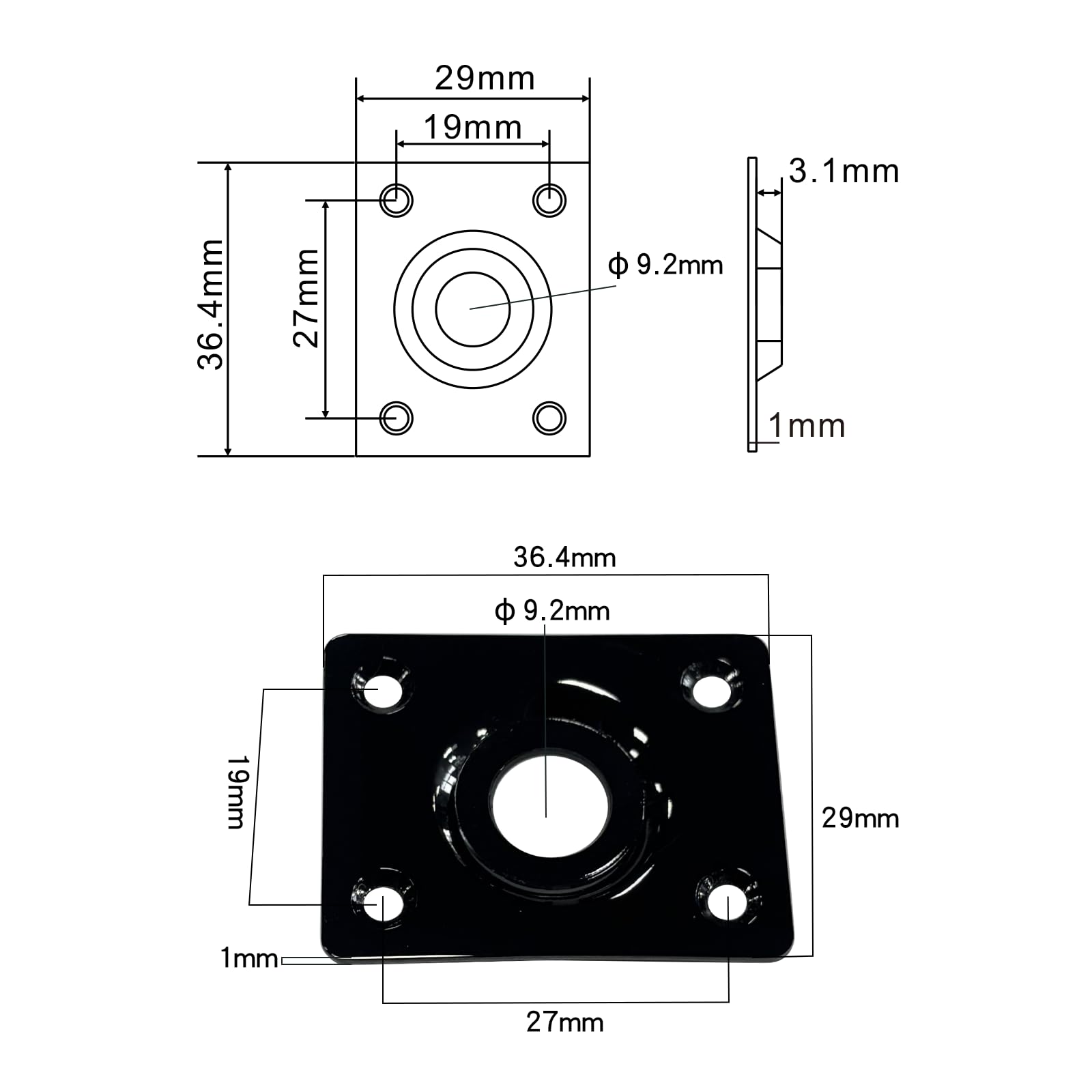 OVSAL Flat Bottom Jack Socket Plate Stainless Steel Flat Base Rectangle Output Jackplate Compatible with LP Les Paul TL Tele Telecaster Electric Guitar Replacement Parts(Vacuum Black)