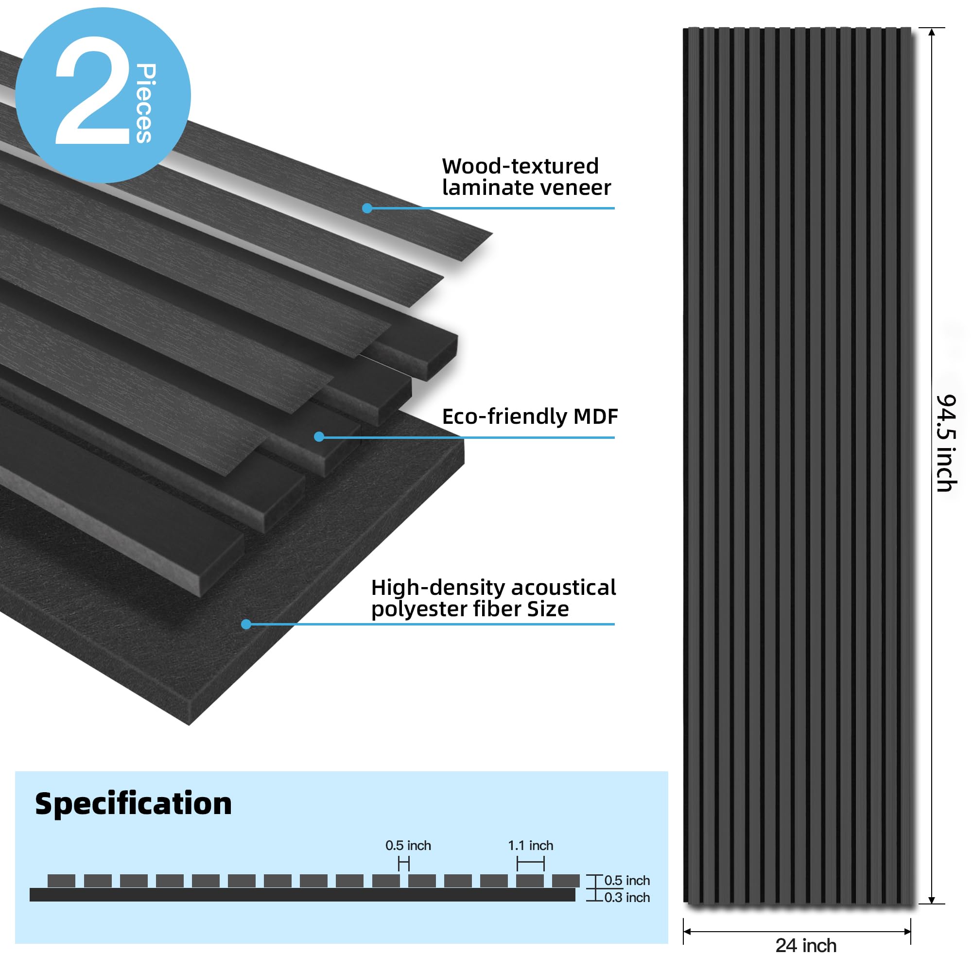 Art3d Acoustic Wood Slat Panels 94.5″x24″, 2-Pack, 31sq.ft, Matte Black