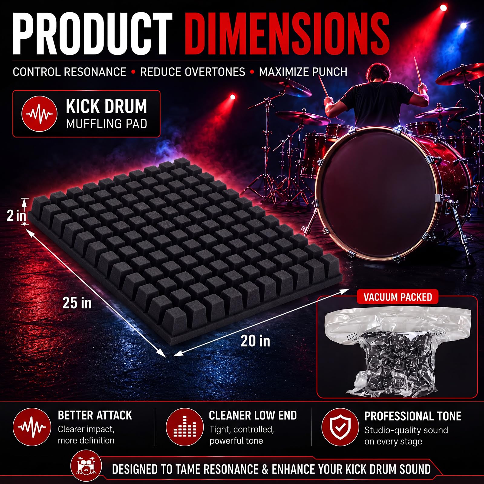 Bass Drum Muffling Pad, Acoustic Foam Kick Drum Pillow, Fits 18-26 Inch