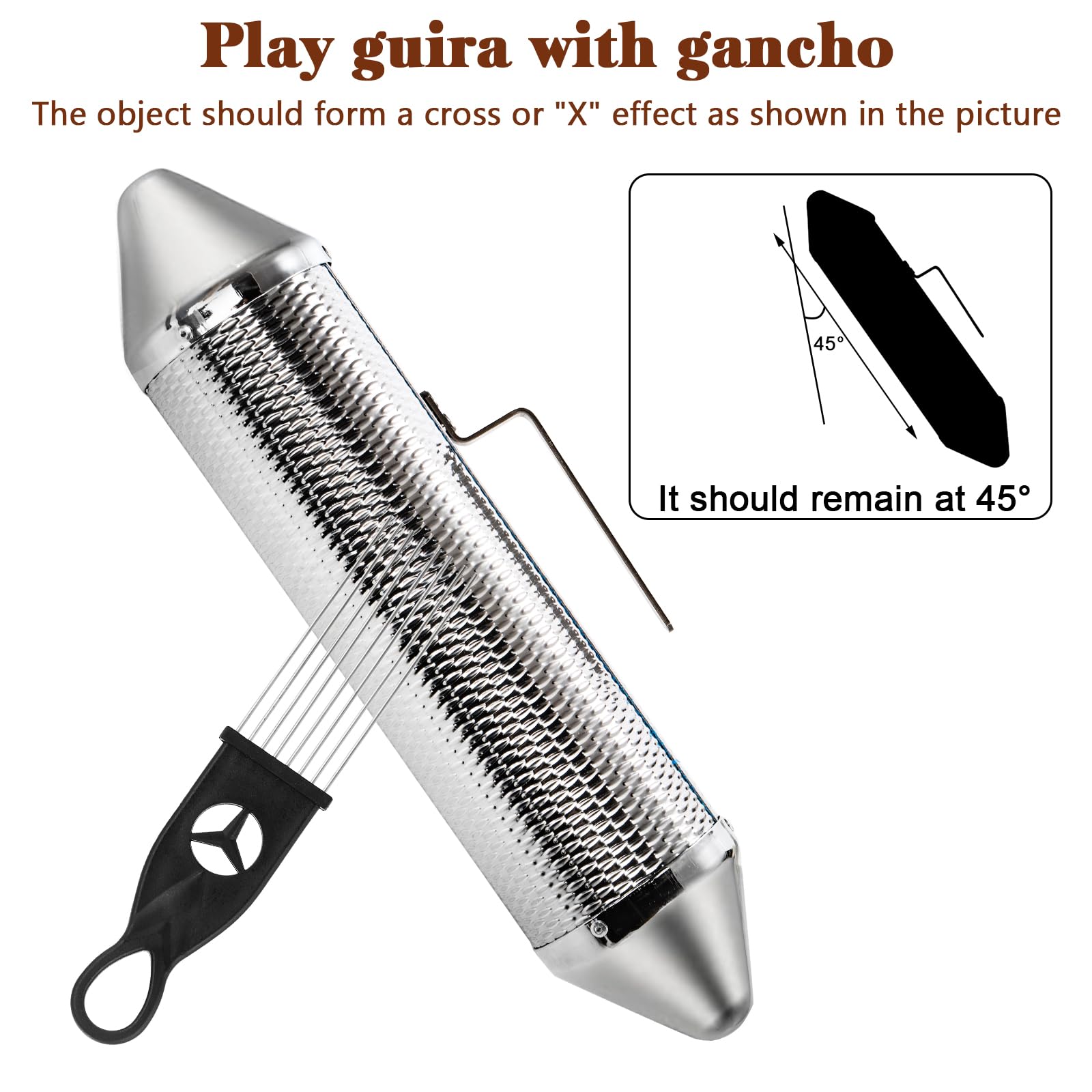 SOUJOY 15” x 3” Guiro Instrument, Stainless Steel Guiro Shaker with 2 Scrapers, Latin Percussion Instrument, Professional Band Accompaniment Sand Hammer for Musical Training