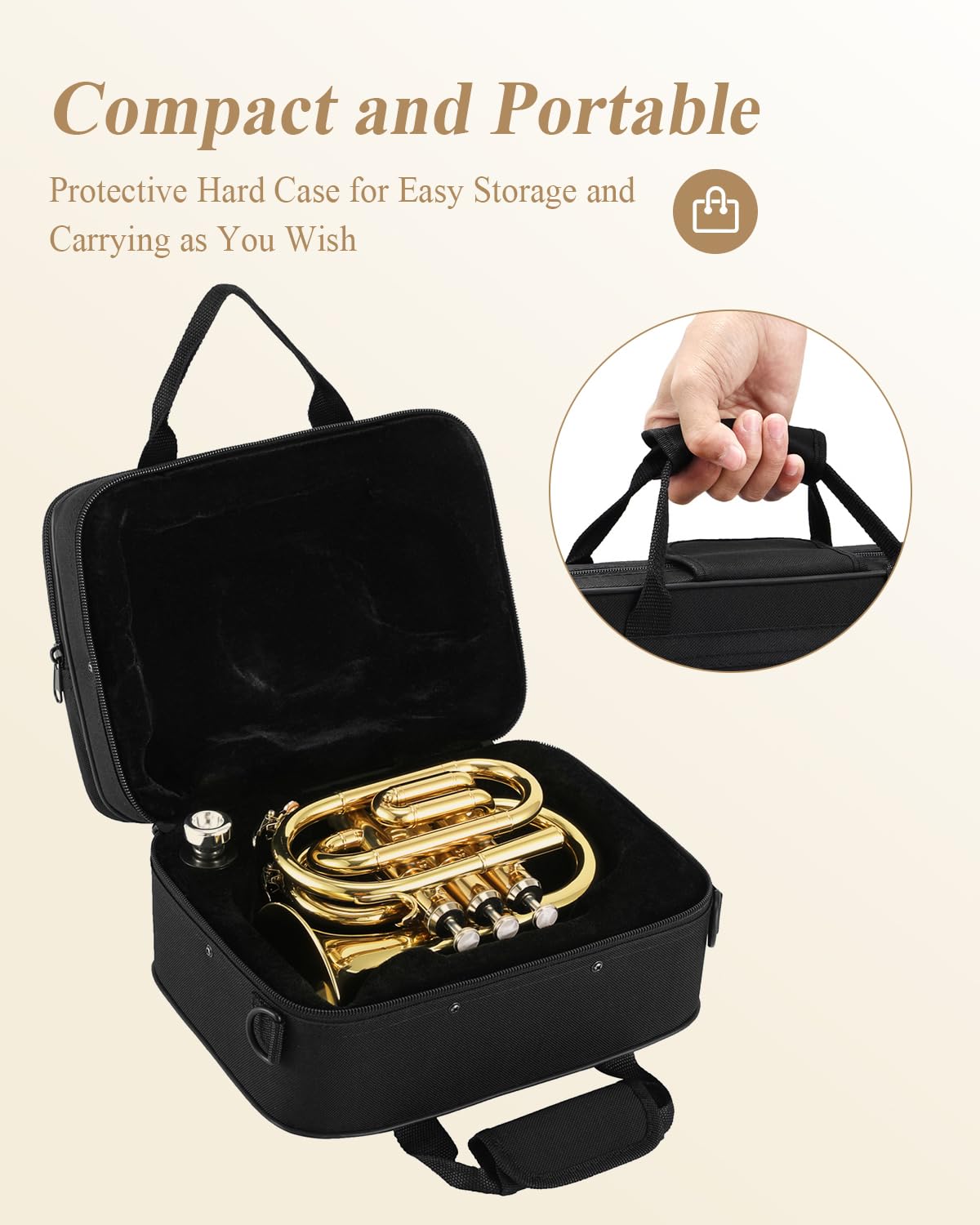 Eastar Bb Pocket Trumpet Brass, Golden, Case Full Kit, ETR-330