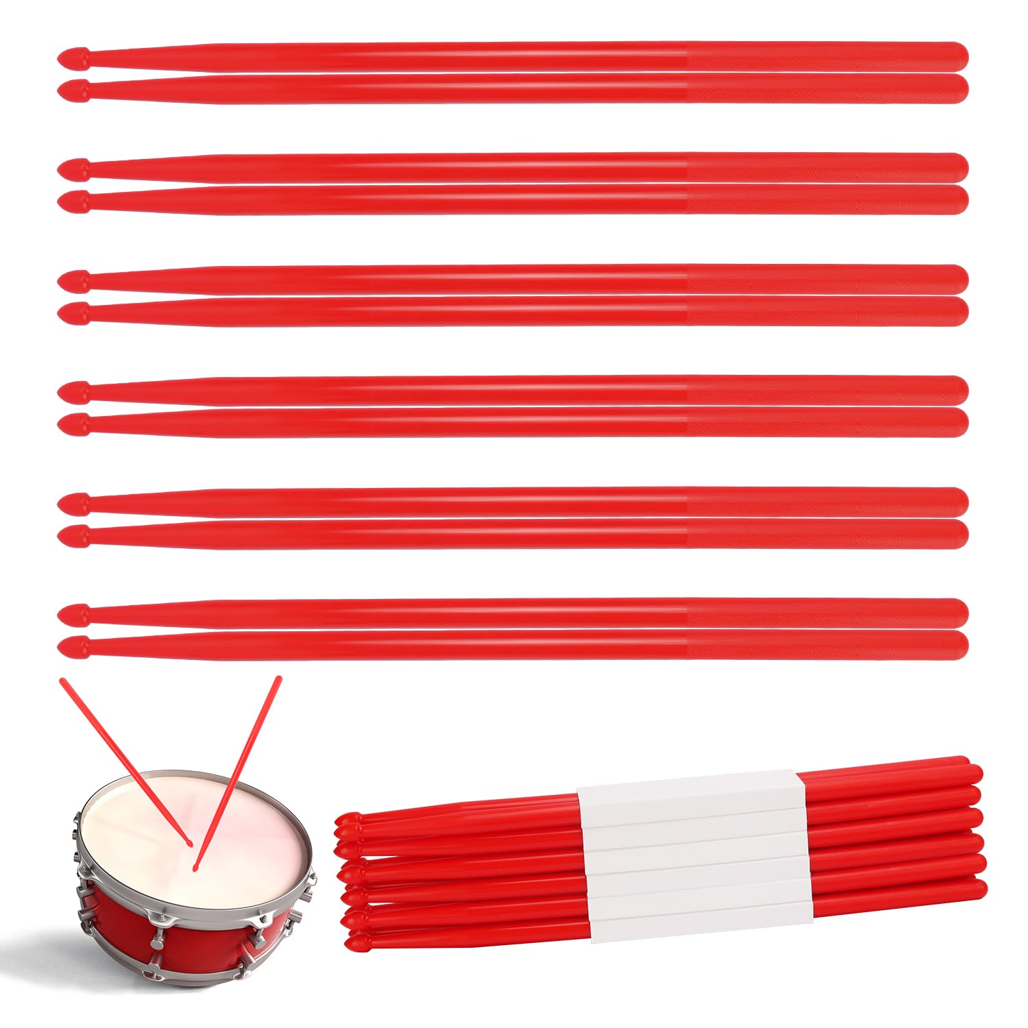 KUKLIPJIM 12 pairs Drumsticks, High-Quality 5A Drum Sticks, Red