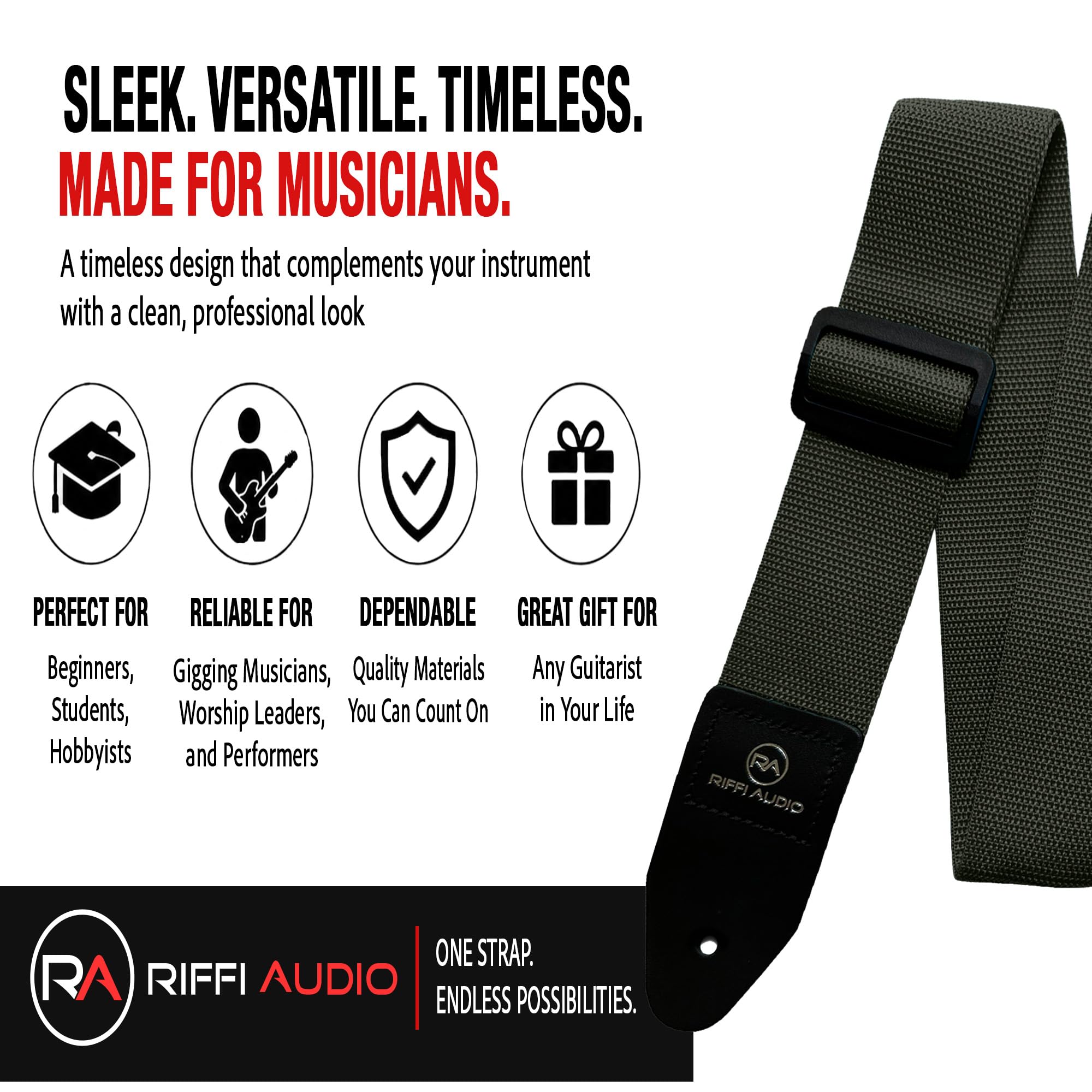 Riffi Audio Lite 1.0 Adjustable 2″ Wide Guitar Strap With Pick & Locks For Acoustic, Electric, And Bass Guitars (Olive Green)