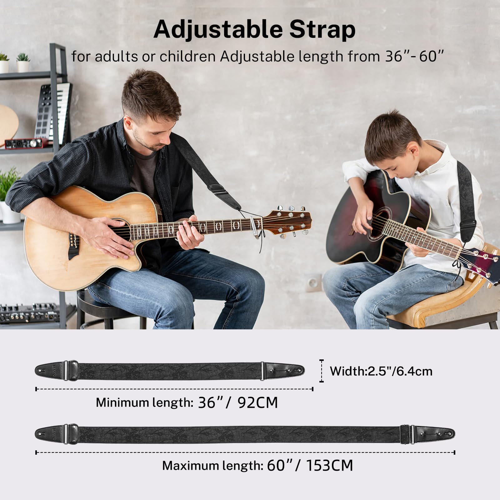 LEKATO Guitar Strap, Anaglyph Embossed Floral Pattern Guitar Straps for Electric Bass Acoustic Guitar 2.5″ Wide Bass Strap Padded Guitar Straps with Picks & Blocks, Cable Fixing, Black