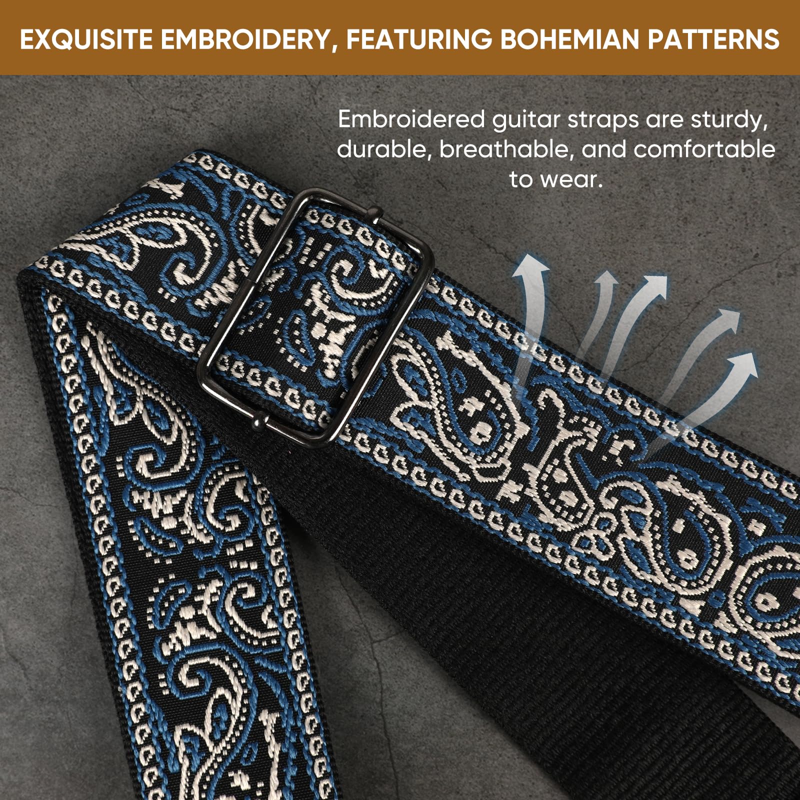 JIPIS Guitar Strap,Jacquard Embroidered Cotton Guitar Straps with Real Leather Ends for Acoustic Guitars (GS-08-2 Blue Grey Embroidery)