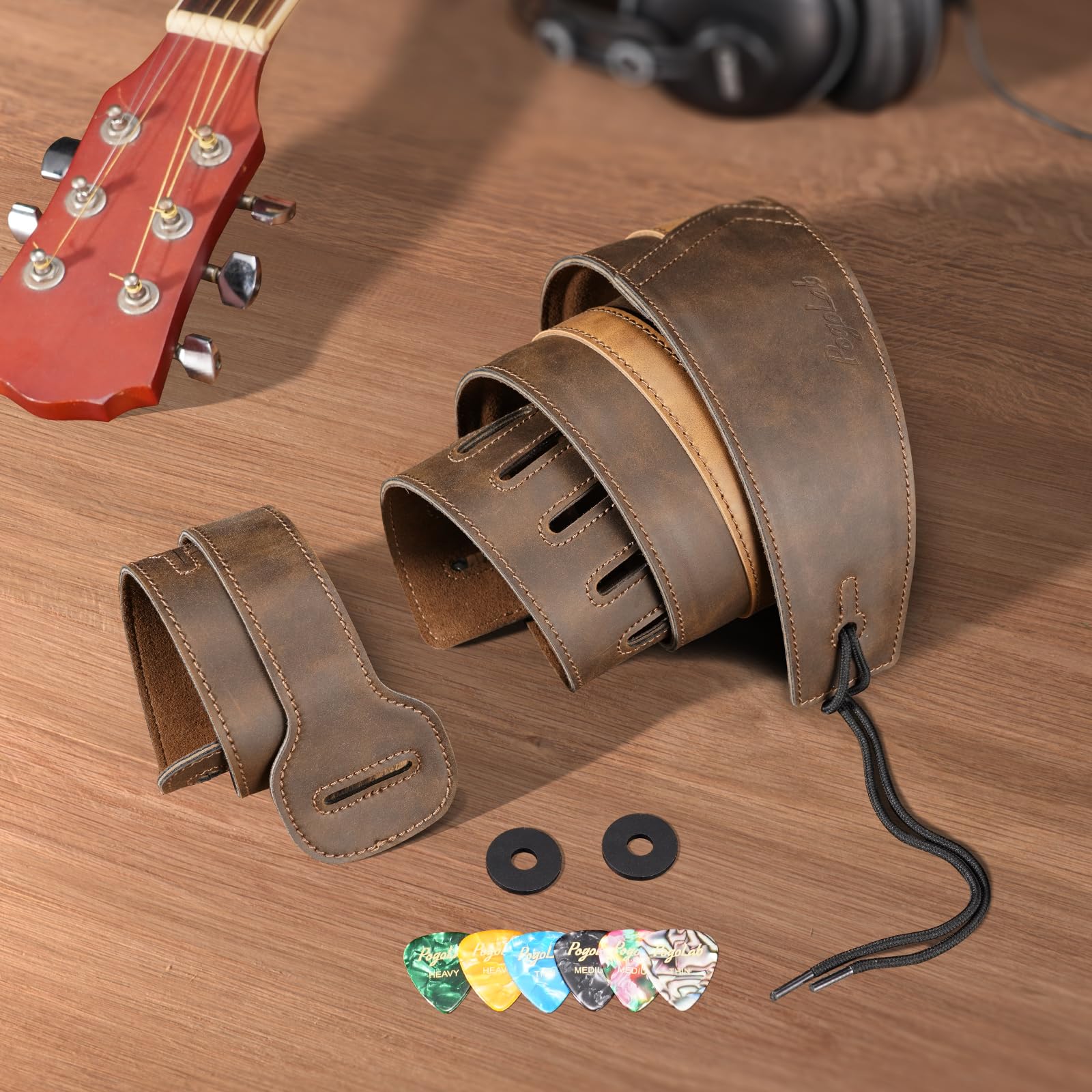 POGOLAB Leather Guitar Strap, 3 inch Wide Comfortable Foam Cushion Padded Bass Strap, Adjustable Length from 51″ to 57″, with Strap Locks & Picks, for Bass/Electric/Acoustic Guitar (Brown)