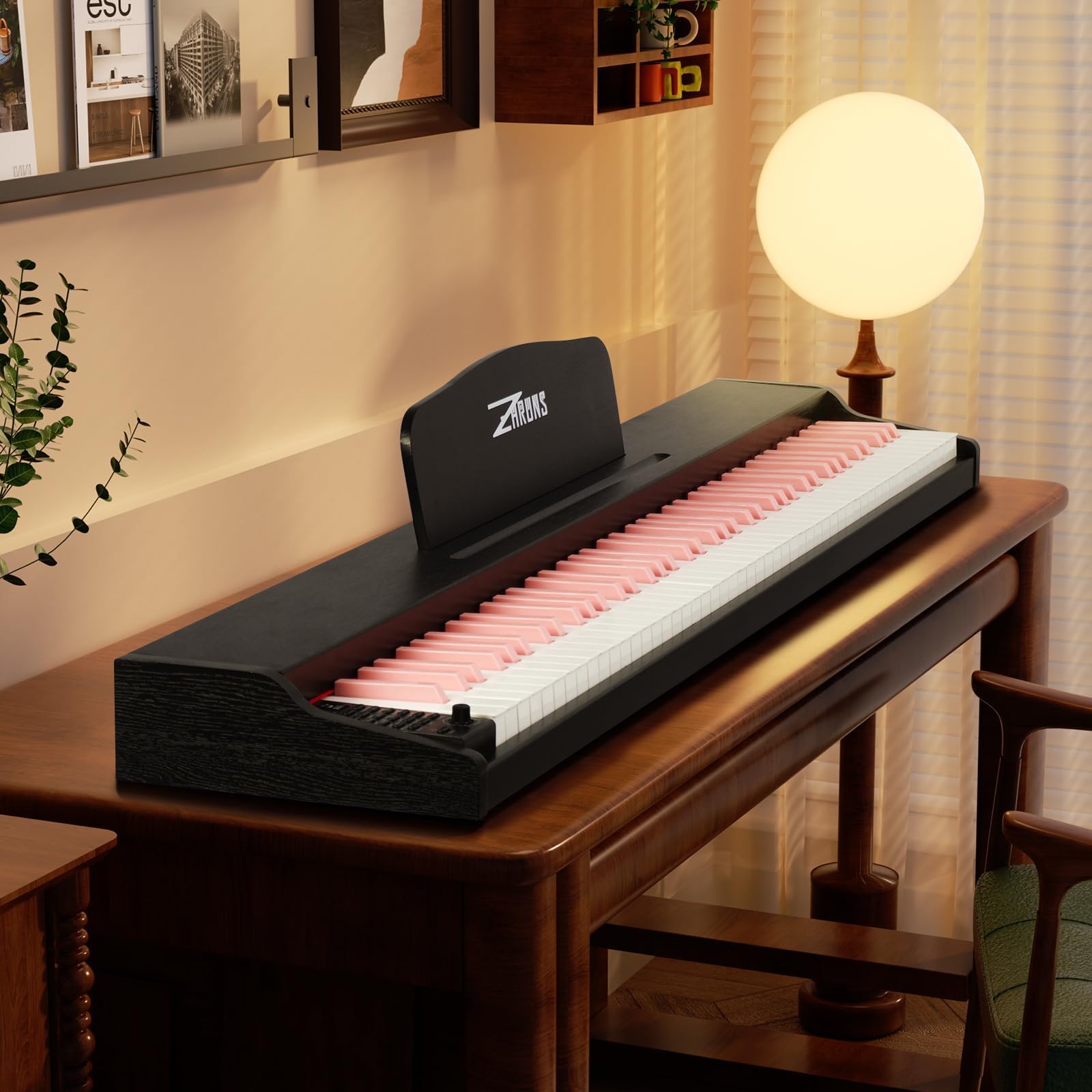ZHRUNS 88 Key Weighted Keyboard Piano with Sustain Pedal, Power Adapter & Sheet Music Stand – Home Digital Piano, Black Pink (Keyboard Only)