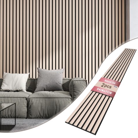 Fivaz 2 Pcs 94″ × 11″ Wood Panels for Wall, Soundproof Wood Slat Wall Paneling, Stylish Decor Acoustic Wall Panels for Wall and Ceiling, Odor-Free & Easy to Install, Natural Oak