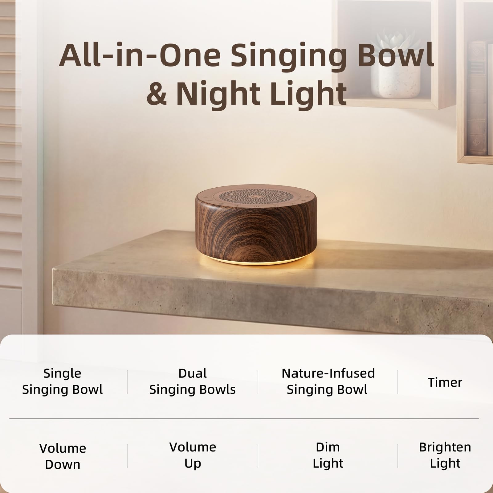 Tibetan Meditation Singing Bowl Sound Machine, 11 Authentic Singing Bowl & Relaxing Sounds, Premium Wood-Style Design, 7-Color Night Light, Timer & Memory, for Meditation, Yoga, Sleep & Mindfulness