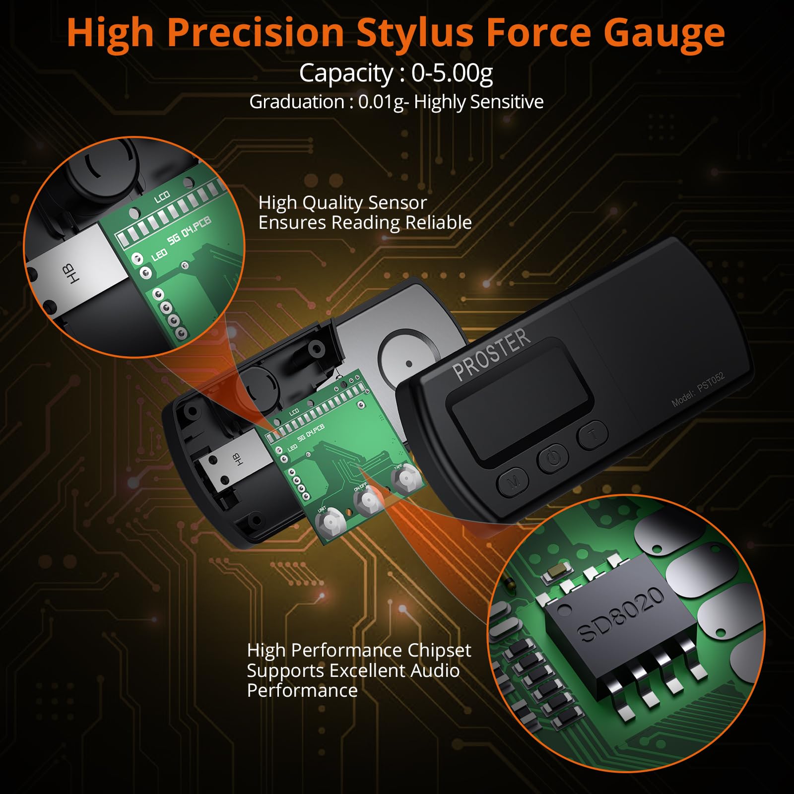 Proster Turntable Stylus Force Tracking Scale – Phono Turntable Cartridge Pressure Gauge 5g/0.01g Tone Arm Scale Record Stylus Alignment with LCD Backlight (Black)