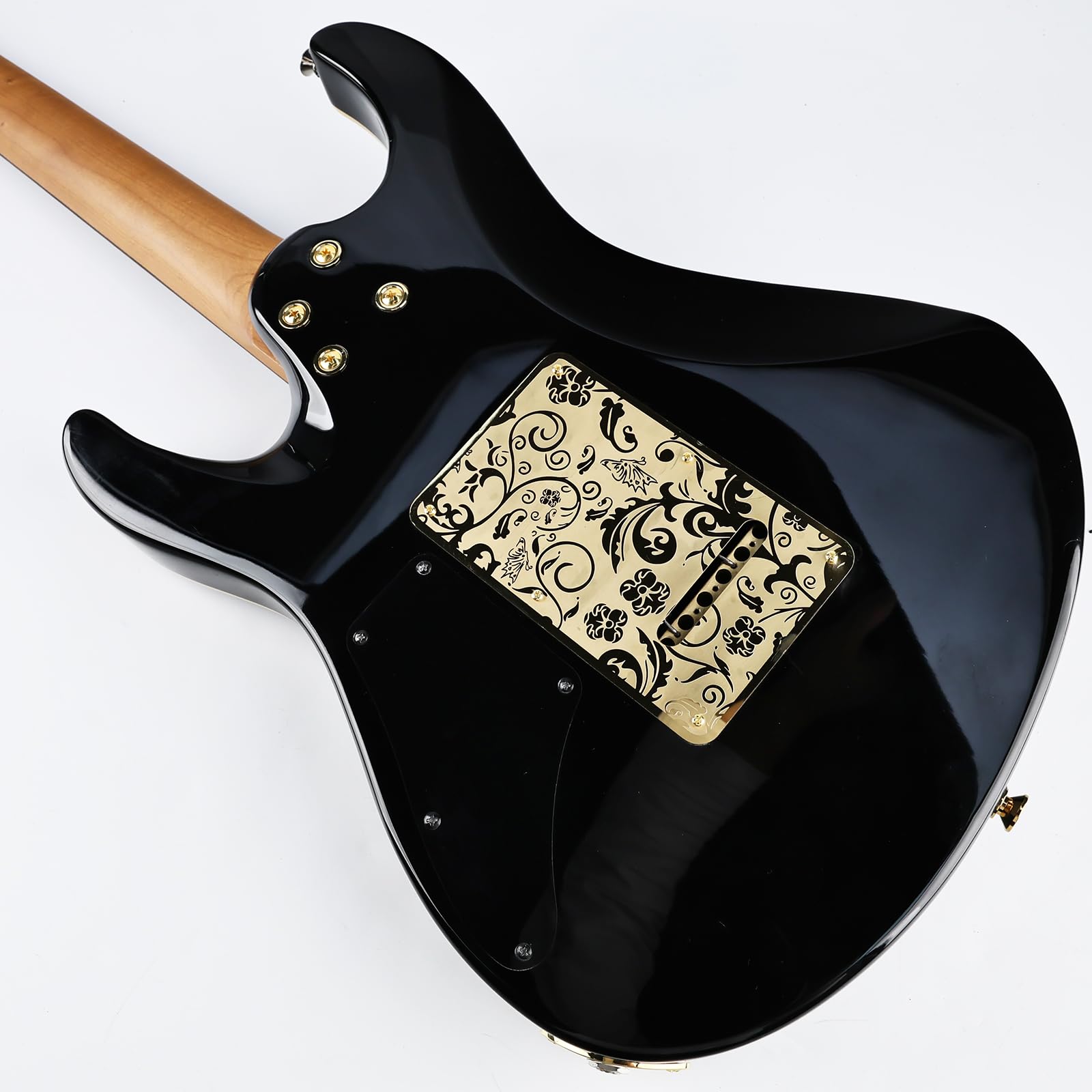 OVSAL Stainless Steel Guitar Back Plate 6 holes Engraved Metal Trem Tremolo Cover Electric Guitar Back Cover Plate Compatible with USA/Mexican Standard FD Strat ST Replacement Parts (Gold)