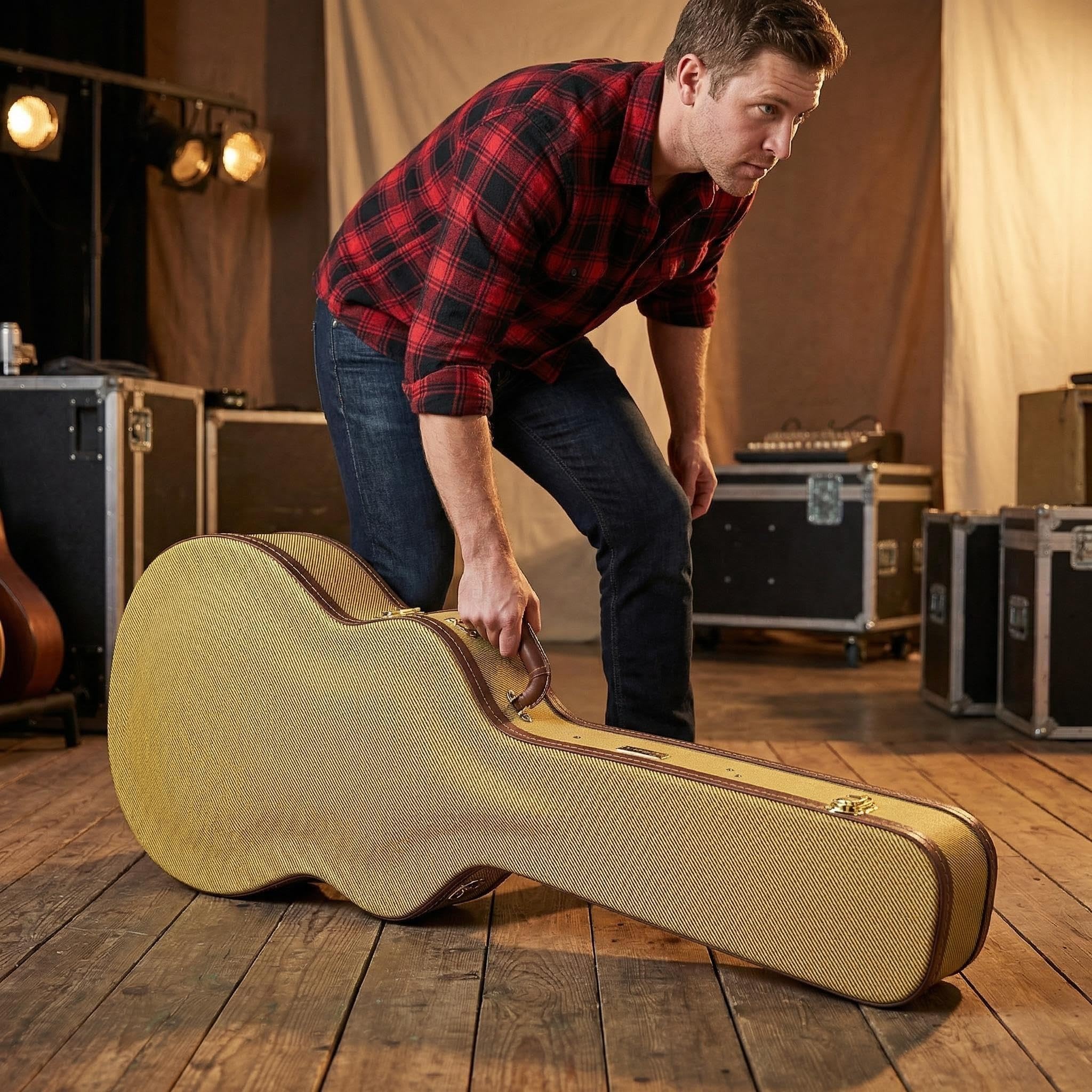 Crossrock Wooden Dreadnought Acoustic Guitar Case | Arched Top, Padded Interior, Lock & Storage – Fits Martin D-28, Taylor 210, Yamaha FG -Vinyl Tweed (CRW600DTW)