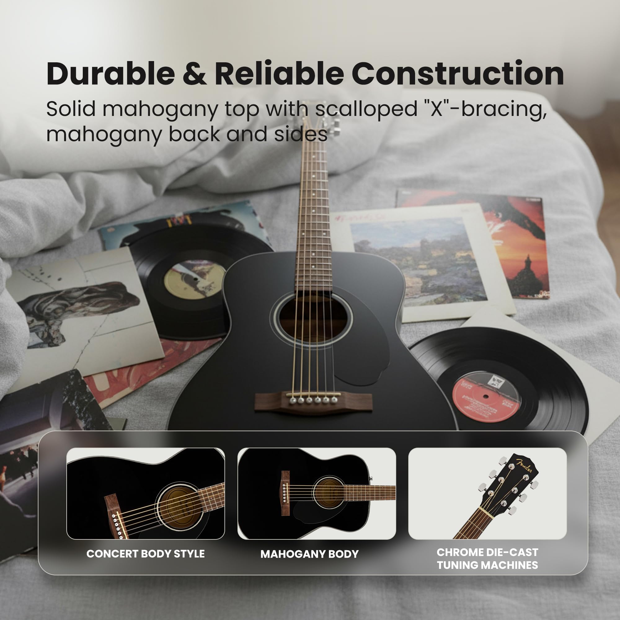 Fender CC-60S Concert Acoustic Guitar – Natural Bundle with Gig Bag, Tuner, Strap, Strings, Picks, Austin Bazaar Instructional DVD, and Polishing Cloth